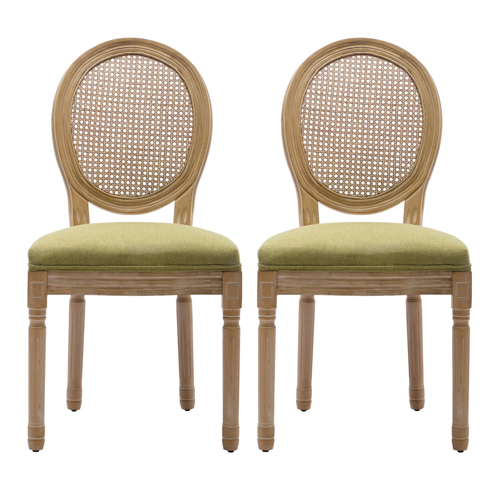 French Country Dining Chairs Set of 4，Fabric Upholstered Dining Chair with Round Back and Solid Leg, Rattan Kitchen Chairs for Dining Room, Living Room, Kitchen, Olive Green