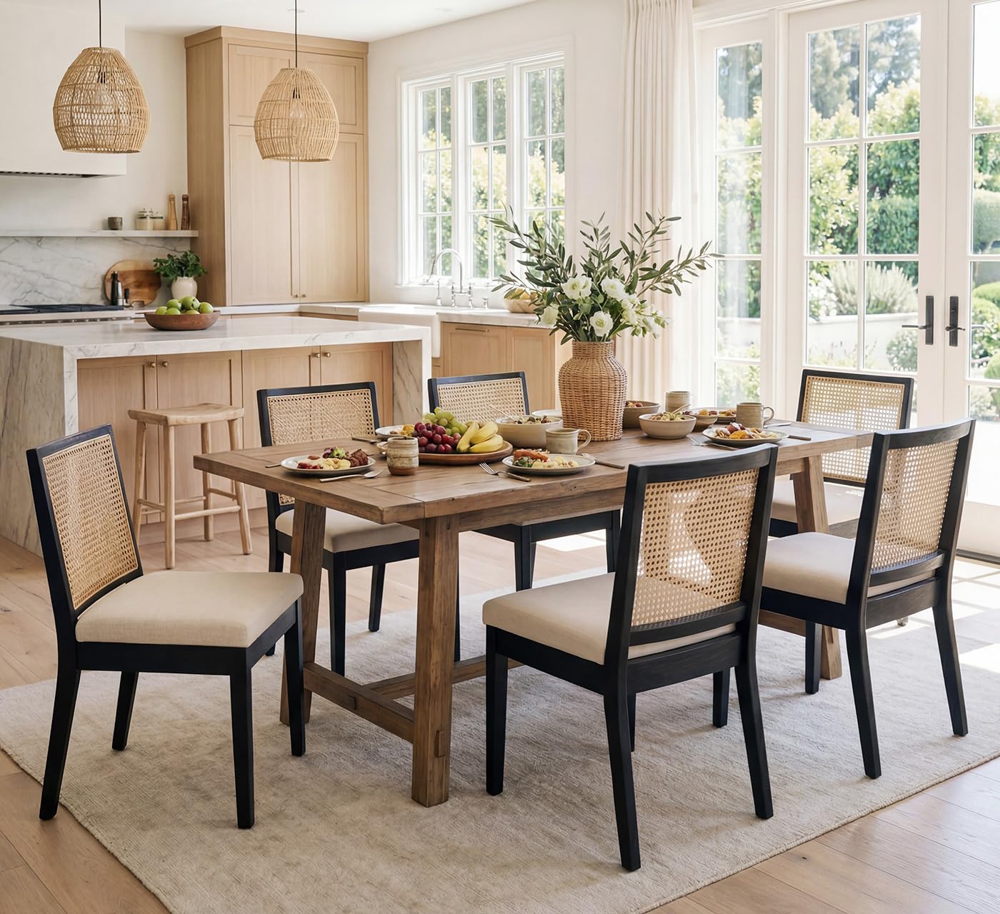 HNY Farmhouse Rattan Dining Chairs Set of 4, Natural Solid Hardwood Frame, Upholstered Linen Seat, Ergonomic Cane Back Dining Room Chairs for Kitchen, Dining Room, Apartment, Beige