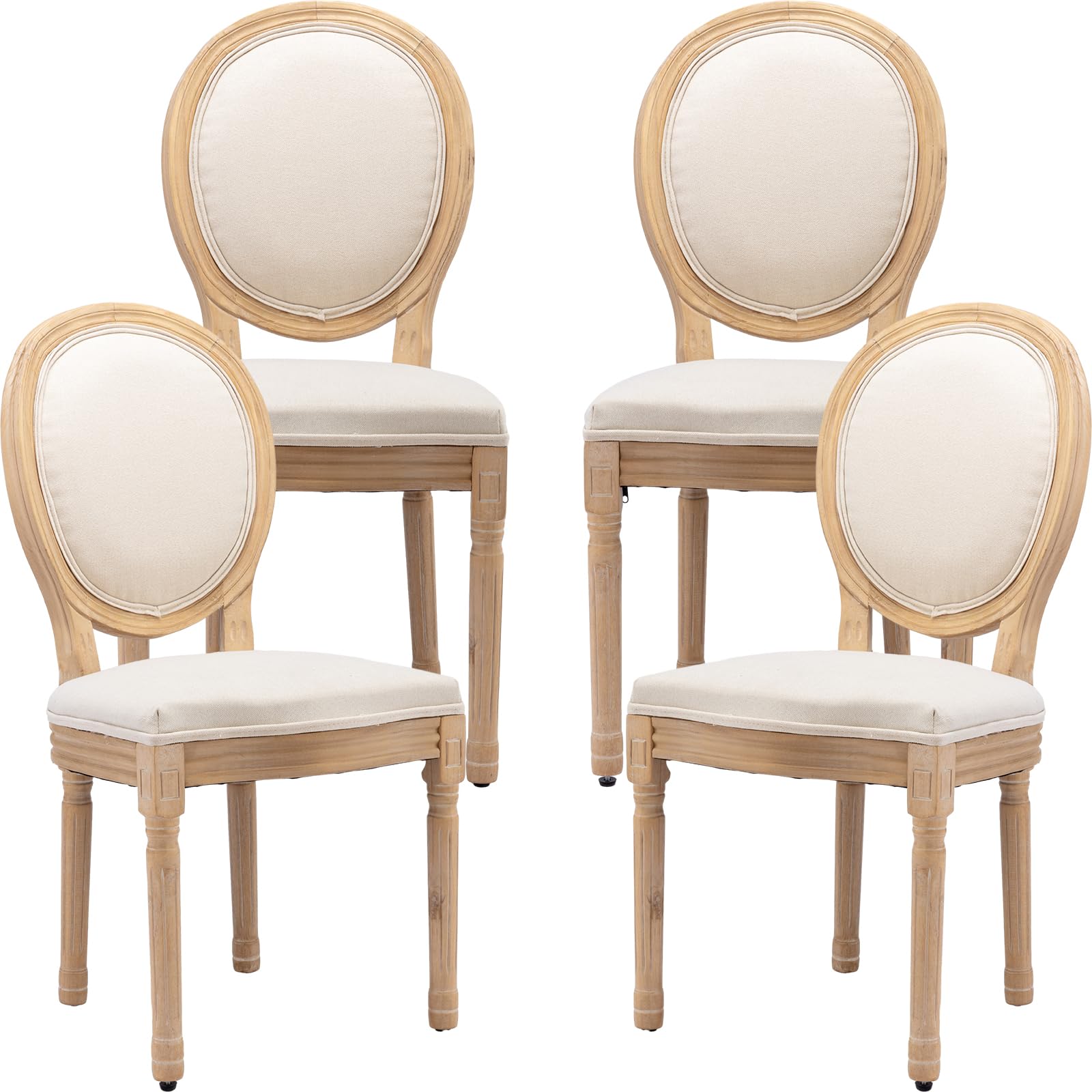 Vintage French Rattan Dining Chairs Set of 4, Solid Wood Frame with Round Rattan Back and Linen Upholstered Seat, Farmhouse Accent Sillas de Comedor Side Chairs for Dining Room & Kitchen, Beige