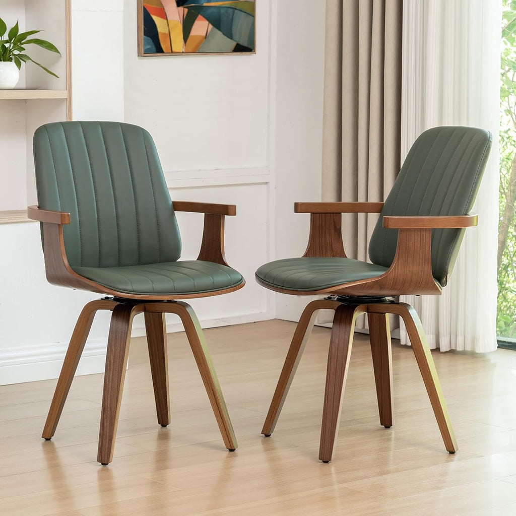 WUPOTO Set of 1 MCM Dining Chair, Mid Century Modern Chair with Walnut Craftsmanship, Upholstered Faux Leather, Wooden Arms and Legs, Faux Leather Dining Chair for Kitchen/Living Room - Green