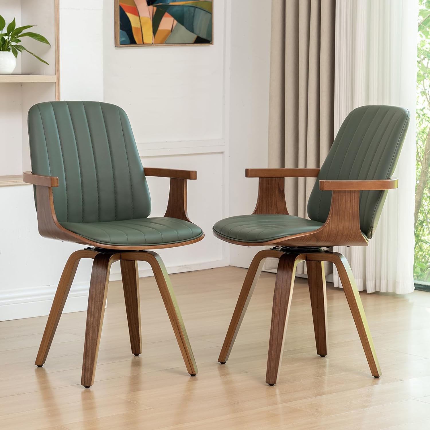 WUPOTO Set of 1 MCM Dining Chair, Mid Century Modern Chair with Walnut Craftsmanship, Upholstered Faux Leather, Wooden Arms and Legs, Faux Leather Dining Chair for Kitchen/Living Room - Green