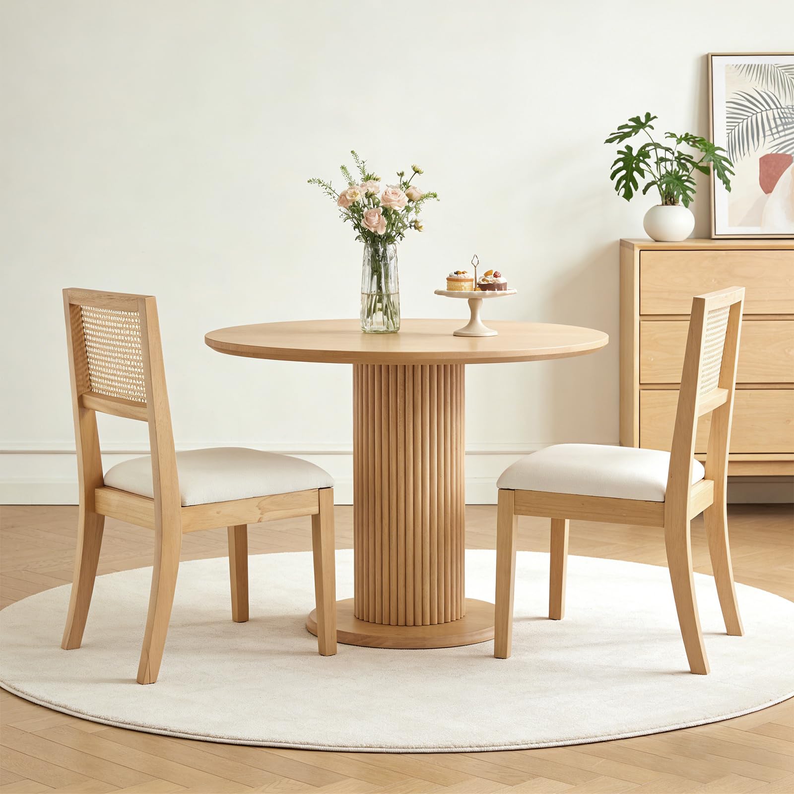 Farmhouse Rattan Dining Chairs Set of 4,Cane Back Kitchen Dining Room Chairs, Upholstered Mid Century Modern Rattan Chair Comfy Side Wood Chair for Living Room/Restaurant, Linen Fabric, Beige