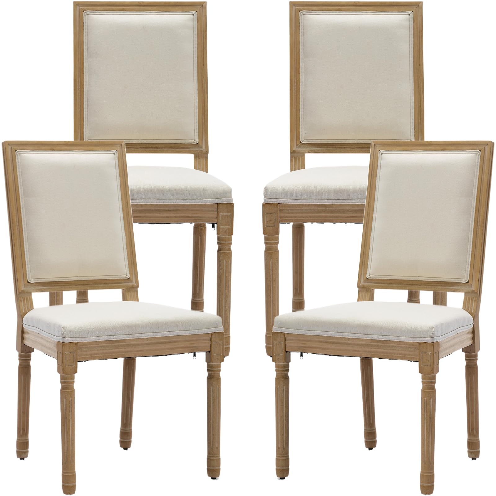 Vintage French Rattan Dining Chairs Set of 6, Square Back Side Chairs with Rattan Backrest, Upholstered Linen Seat and Solid Wood Frame, Sillas de Comedor for Dining Room & Kitchen, Dark Gray