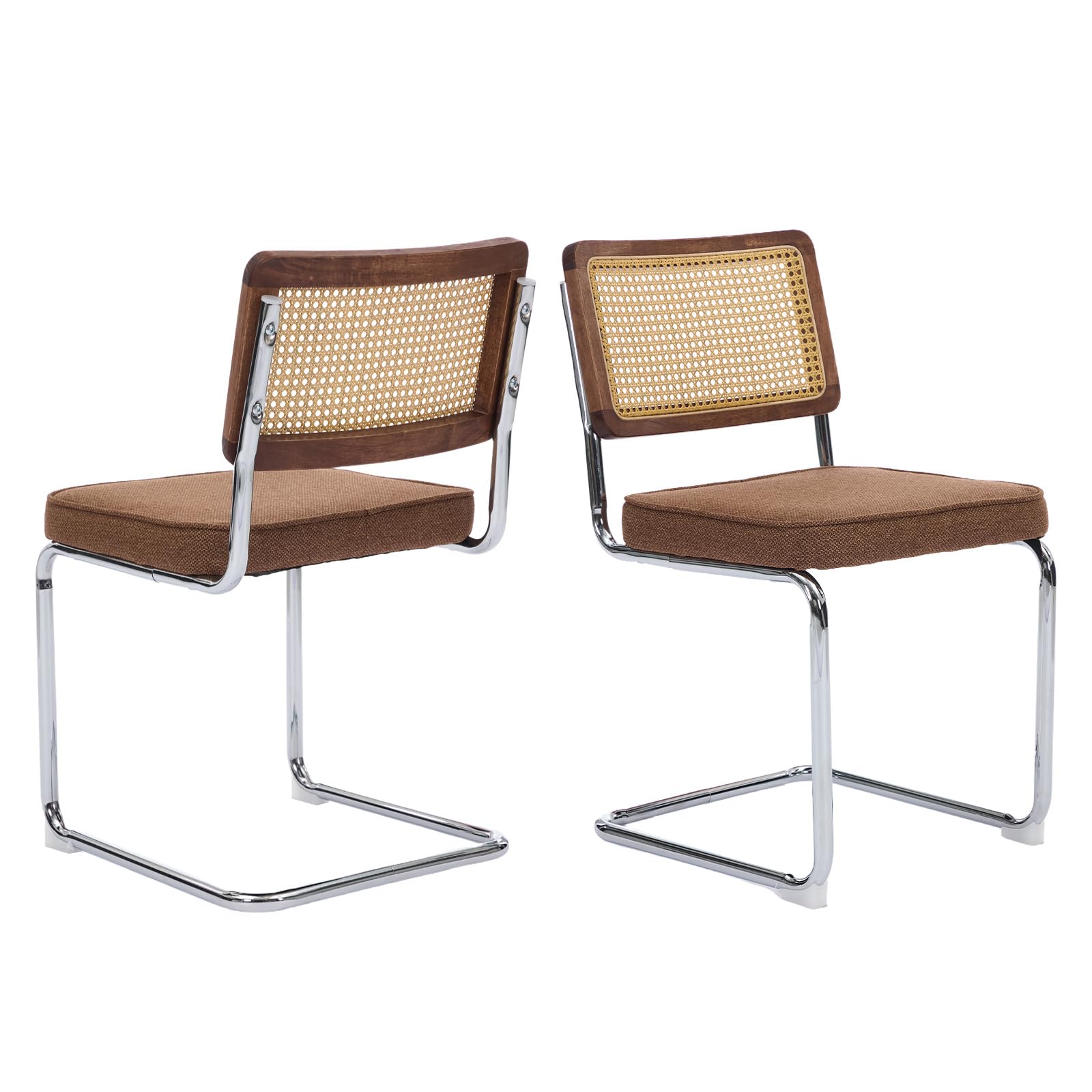 Rattan Dining Chairs Set of 4,Upholstered Mid-Century Modern Dining Room Chairs with Cane Backrest,Retro Velvet Kitchen Chairs with Stainless Chrome Base,Green