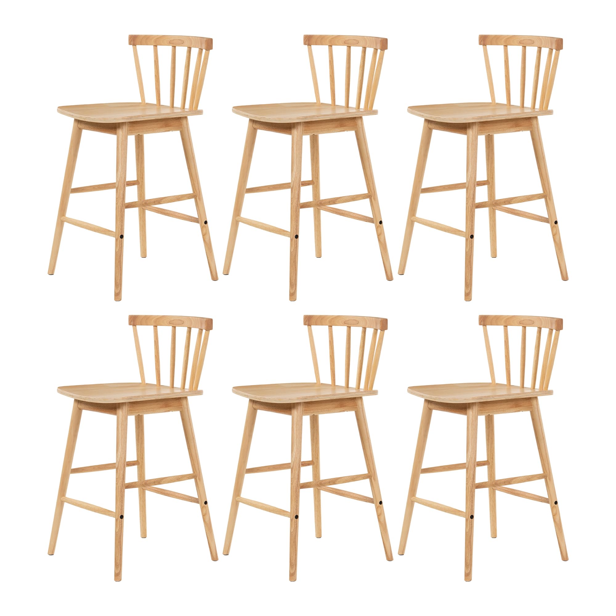 Modern Bar Stools Set of 2, 24" Wooden Counter Height Barstools, Modern Armless Farmhouse Bar Dining Chairs with Back & Footrest for Kitchen Island Pub, Natural Oak