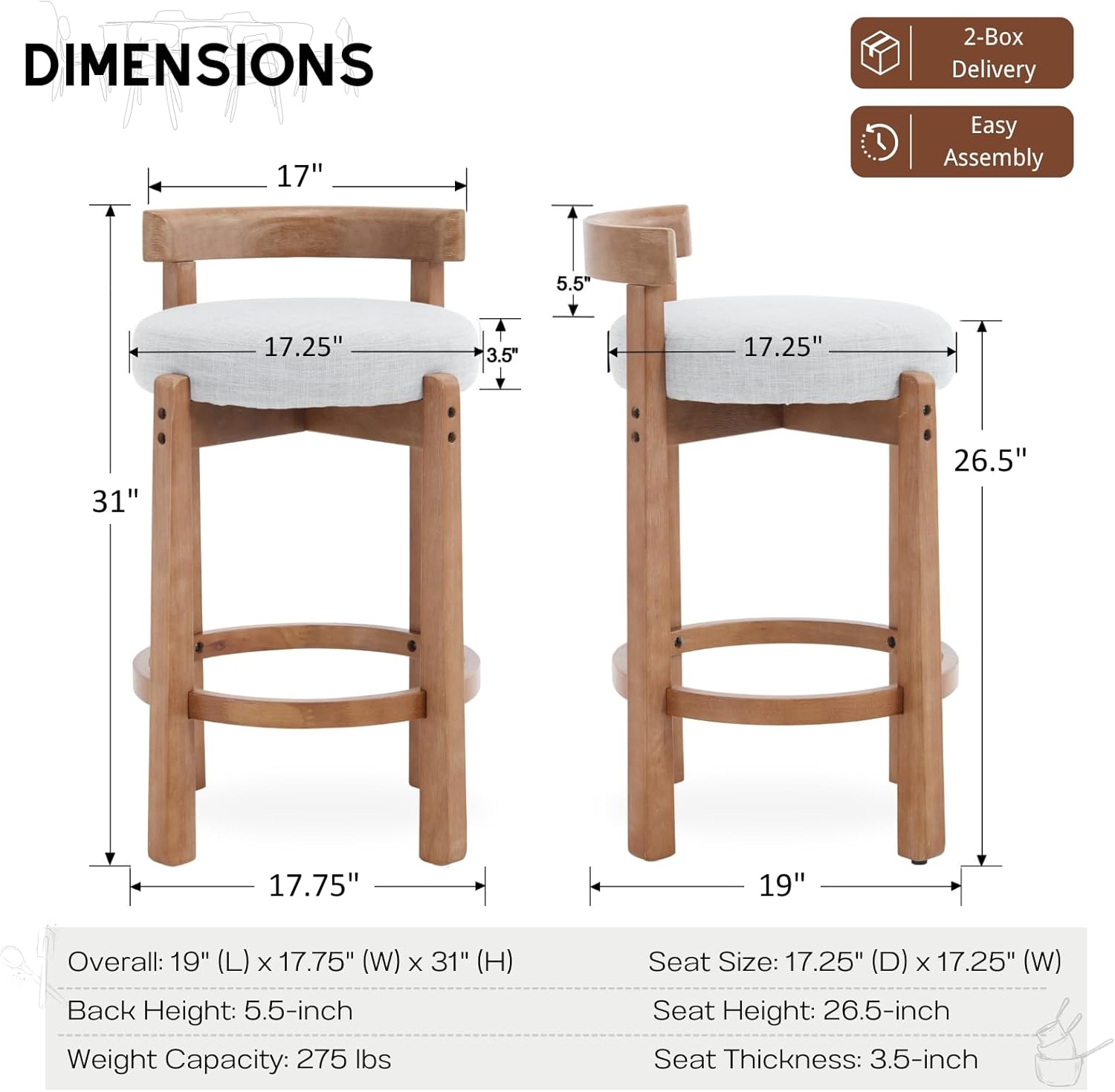 HEAH-YO Mid Century Modern Bar Stools Set of 4, 26.5" Counter Stools with Back, Linen Upholstered Barstools with Solid Wood Legs Bar Chairs for Kitchen Island Dining Room, Light Grey