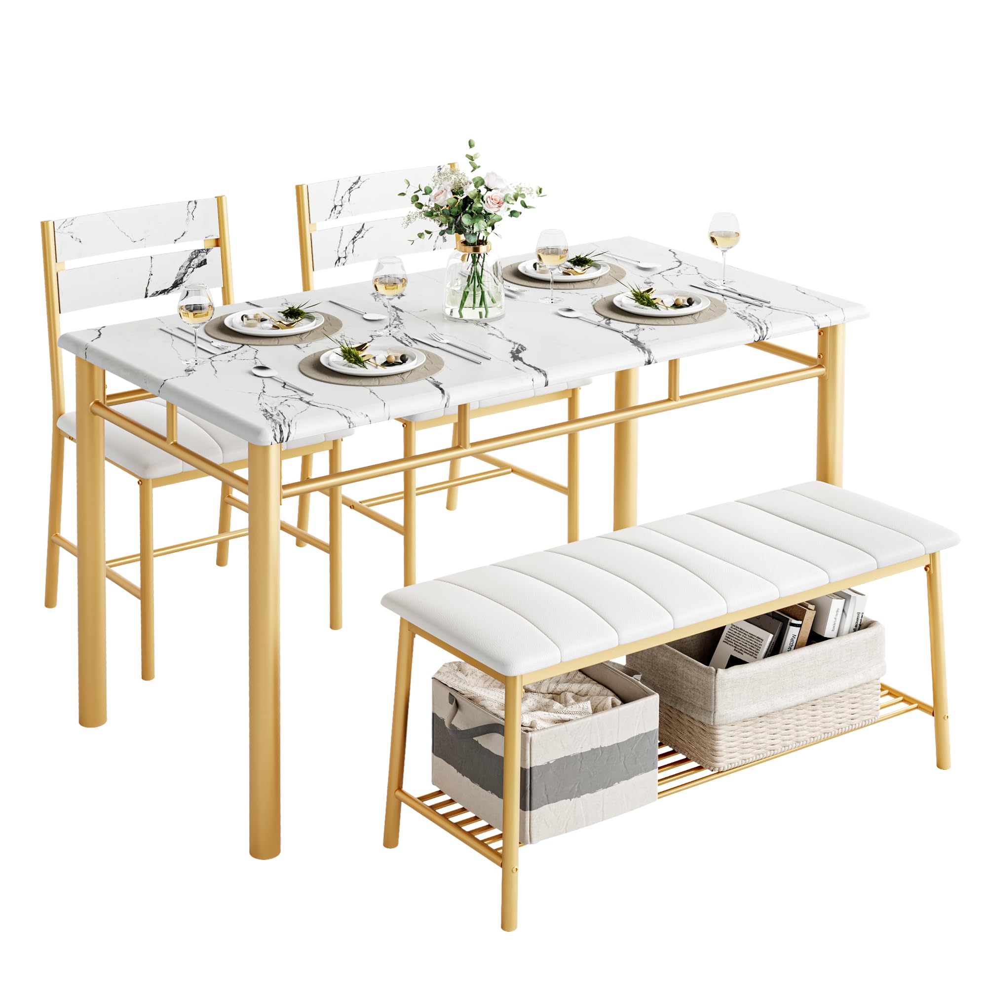 IRONCK Dining Table Set for 4, Kitchen Table with Upholstered Bench and 2 Chairs, Kitchen Table and Chairs Set for Small Space, Apartment, Black