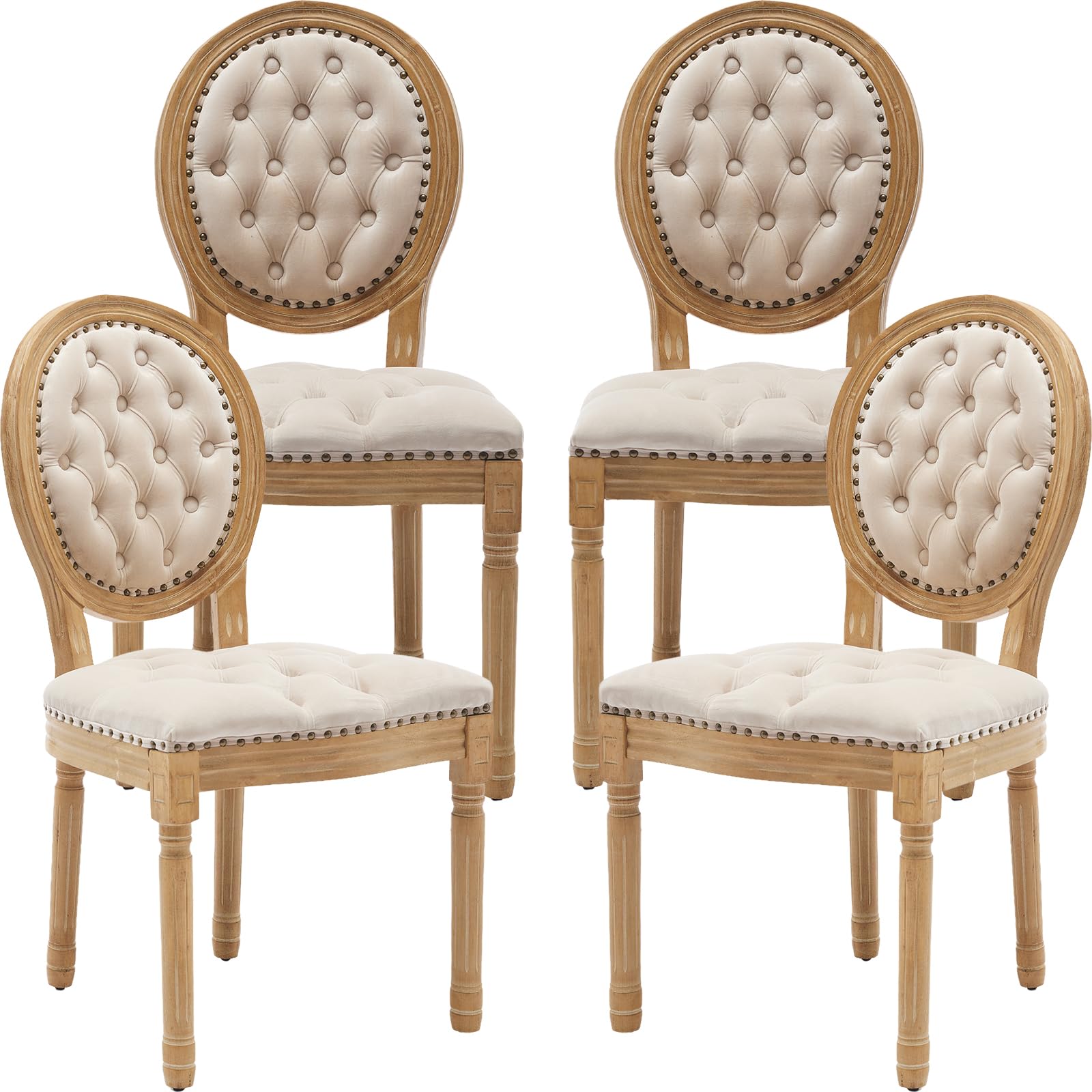 Vintage French Rattan Dining Chairs Set of 4, Solid Wood Frame with Round Rattan Back and Linen Upholstered Seat, Farmhouse Accent Sillas de Comedor Side Chairs for Dining Room & Kitchen, Beige