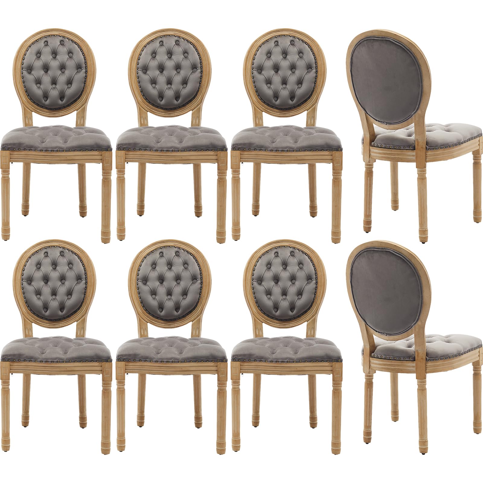 Vintage French Rattan Dining Chairs Set of 4, Solid Wood Frame with Round Rattan Back and Linen Upholstered Seat, Farmhouse Accent Sillas de Comedor Side Chairs for Dining Room & Kitchen, Beige