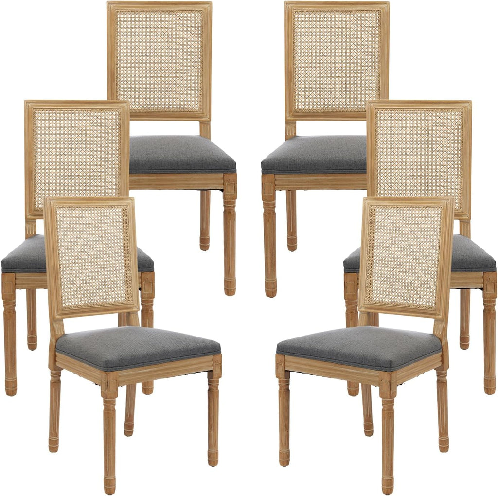 Vintage French Rattan Dining Chairs Set of 6, Square Back Side Chairs with Rattan Backrest, Upholstered Linen Seat and Solid Wood Frame, Sillas de Comedor for Dining Room & Kitchen, Dark Gray