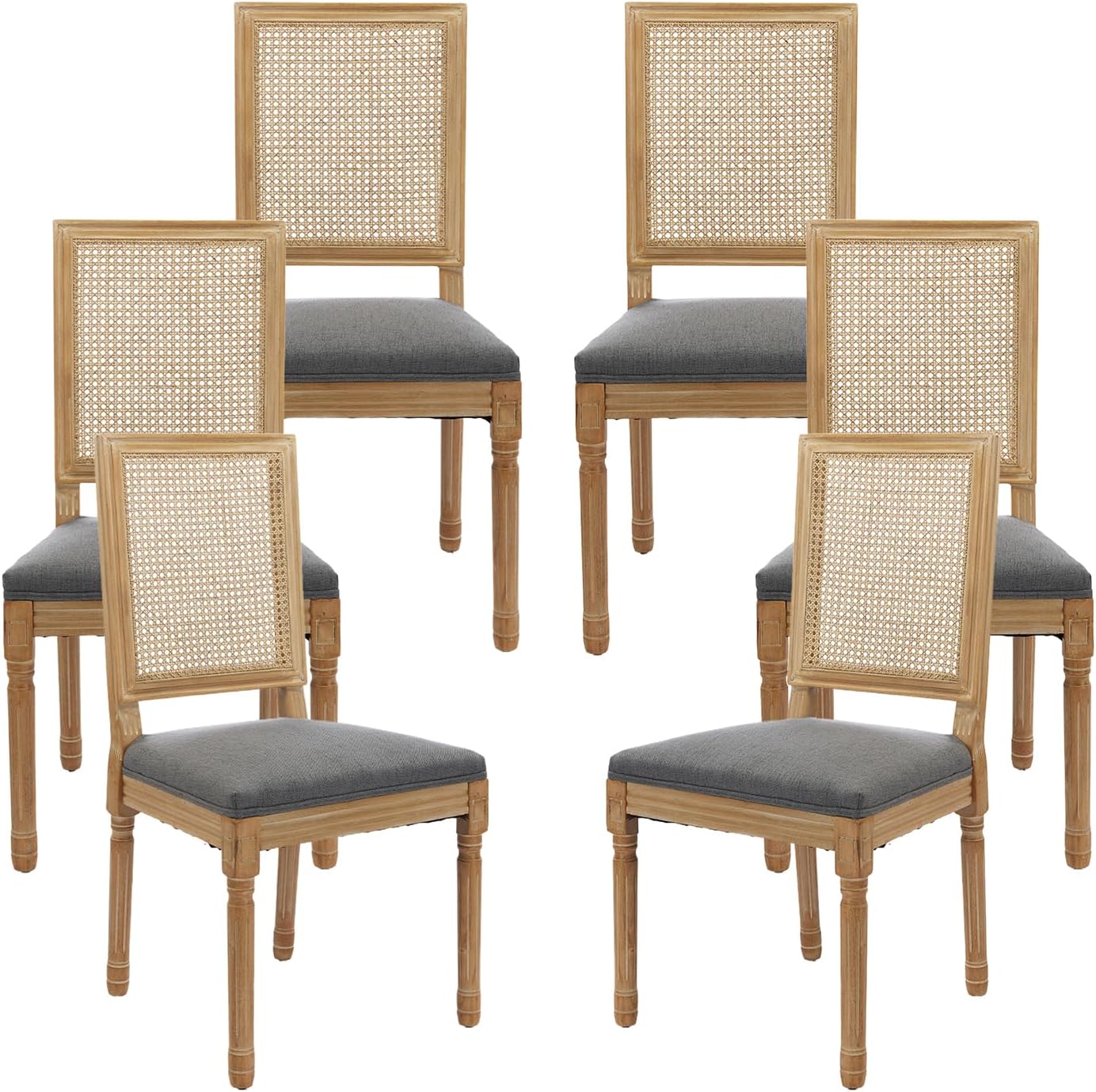 Vintage French Rattan Dining Chairs Set of 6, Square Back Side Chairs with Rattan Backrest, Upholstered Linen Seat and Solid Wood Frame, Sillas de Comedor for Dining Room & Kitchen, Dark Gray