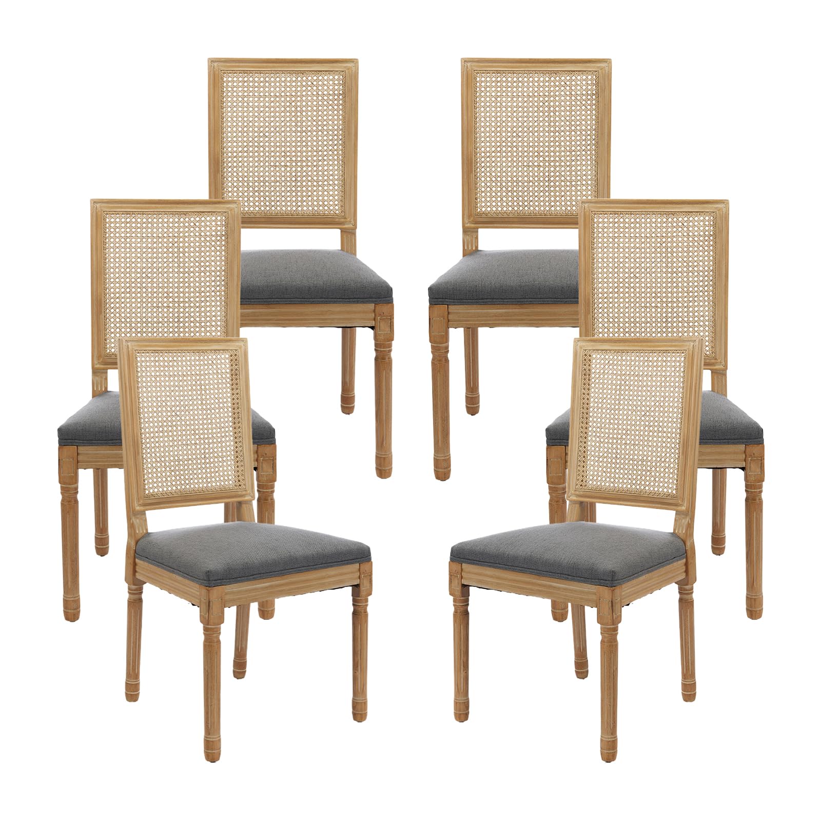 Vintage French Rattan Dining Chairs Set of 6, Square Back Side Chairs with Rattan Backrest, Upholstered Linen Seat and Solid Wood Frame, Sillas de Comedor for Dining Room & Kitchen, Dark Gray