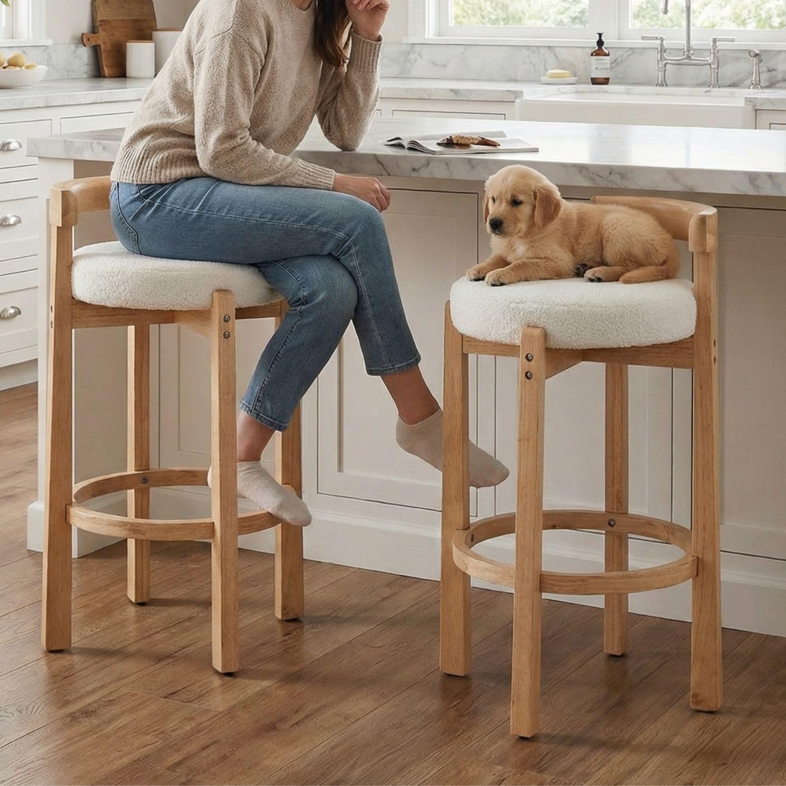 LukeAlon Mid Century Linen Counter Stools Set of 4, Upholstered 26.5” Seat Height Low Barstools with Natural Wood Legs Round Low Back Kitchen Stools with Footrest for Dining Room, Beige