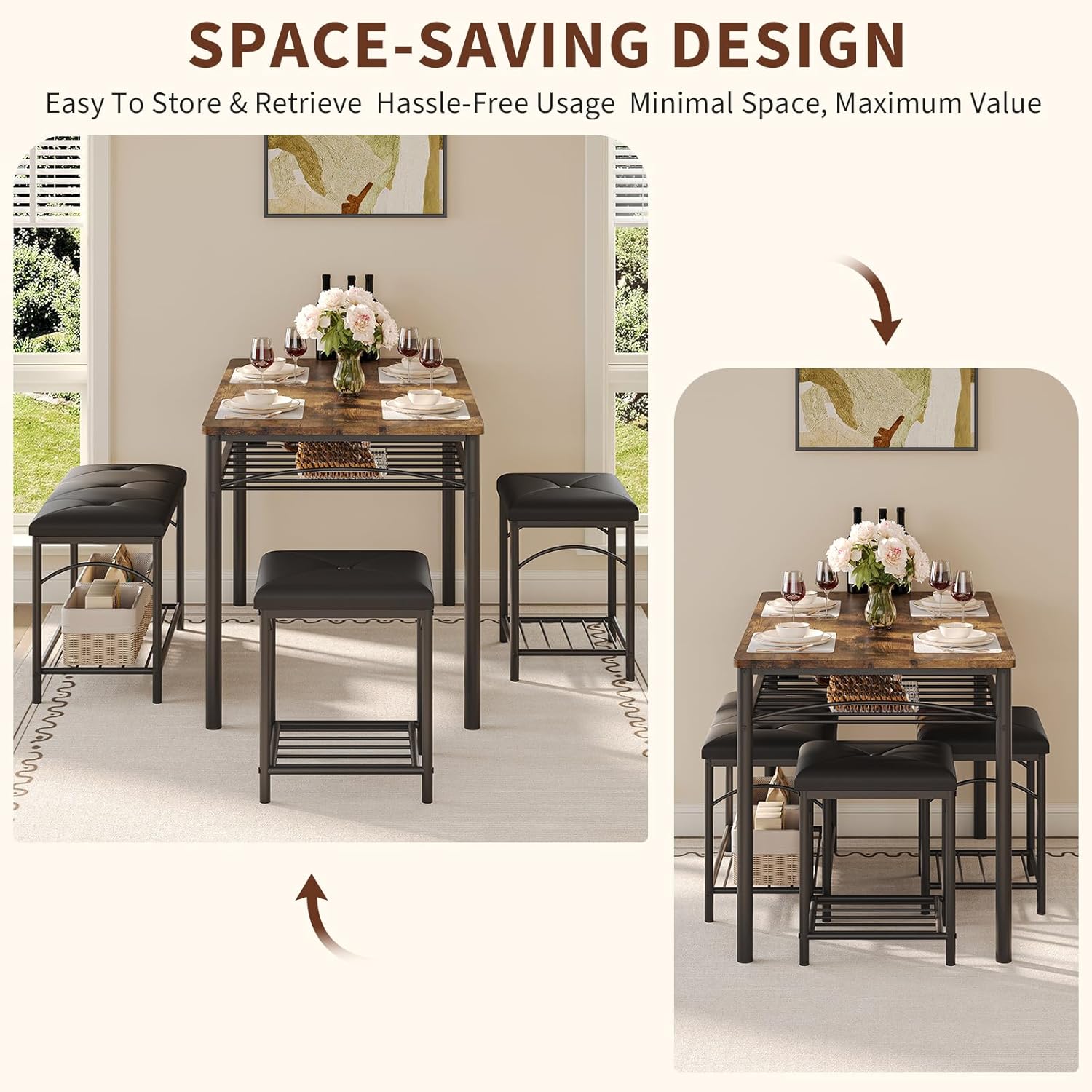 Garvee Dining Table Set for 4, Kitchen Table with Upholstered Bench and 2 Stools, 4 Pieces Kitchen Table Set with Storage Rack & Metal Frame for Small Space, Kitchen Table and Chairs Set for Apartment