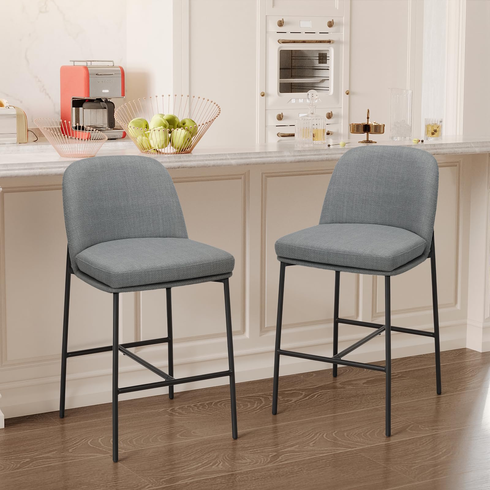 COLAMY Upholstered Counter Bar Stools, Kitchen Island Stools with Back, Modern Counter Height Stools with Wood Legs for Kitchen Island Dining Room Bar, Camel