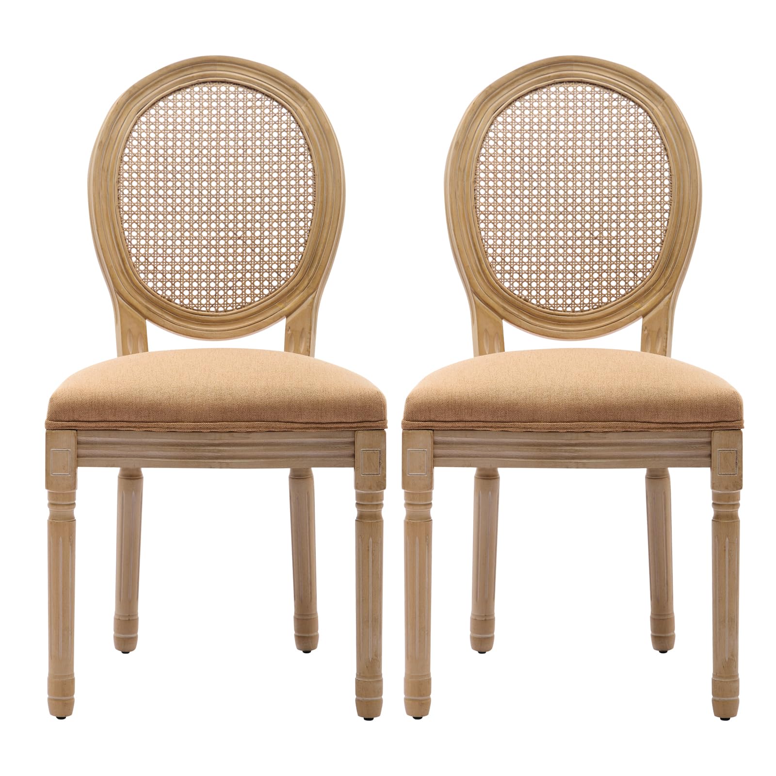 French Country Dining Chairs Set of 4，Fabric Upholstered Dining Chair with Round Back and Solid Leg, Rattan Kitchen Chairs for Dining Room, Living Room, Kitchen, Olive Green