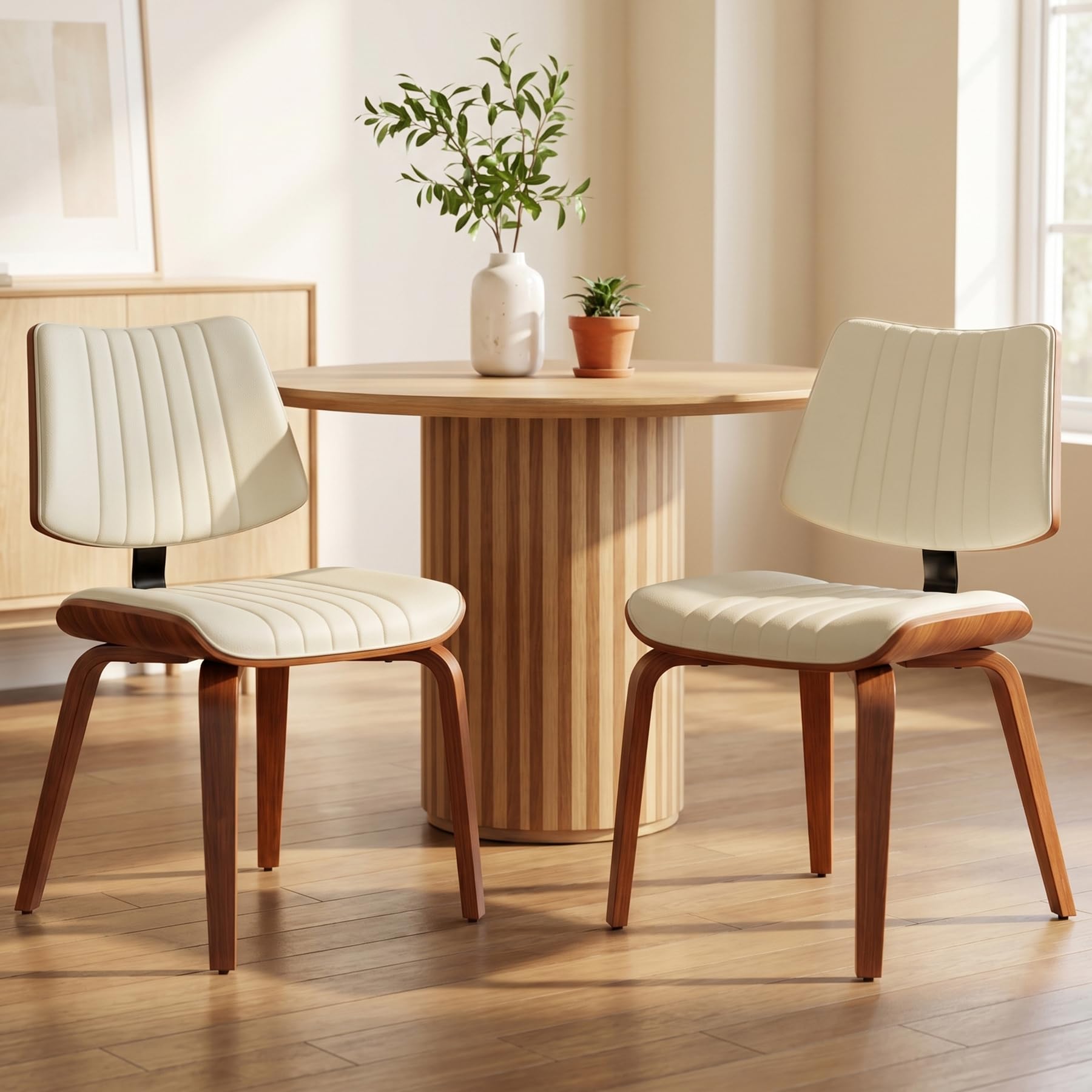 Dining Chairs Set of 1, Mid-Century Modern Upholstered PU Leather Kitchen Chair, Hanging Handrails, Walnut Bentwood Legs and Faux Leather Sponge Back for Kitchen Dining Room Living Room, Beige