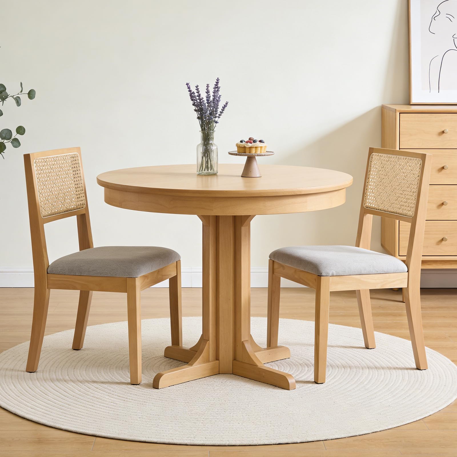Farmhouse Rattan Dining Chairs Set of 4,Cane Back Kitchen Dining Room Chairs, Upholstered Mid Century Modern Rattan Chair Comfy Side Wood Chair for Living Room/Restaurant, Linen Fabric, Beige
