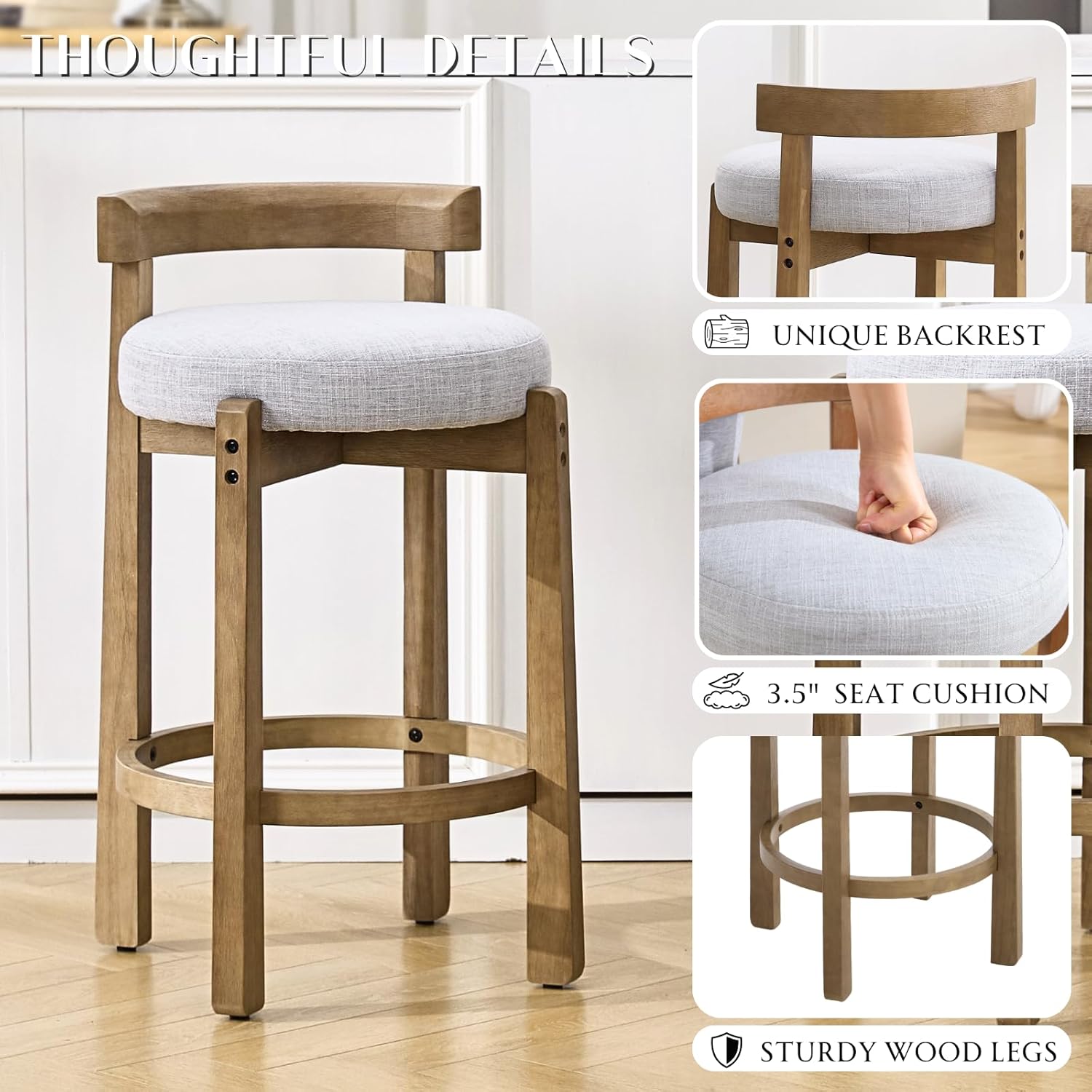 HEAH-YO Mid Century Modern Bar Stools Set of 4, 26.5" Counter Stools with Back, Linen Upholstered Barstools with Solid Wood Legs Bar Chairs for Kitchen Island Dining Room, Light Grey