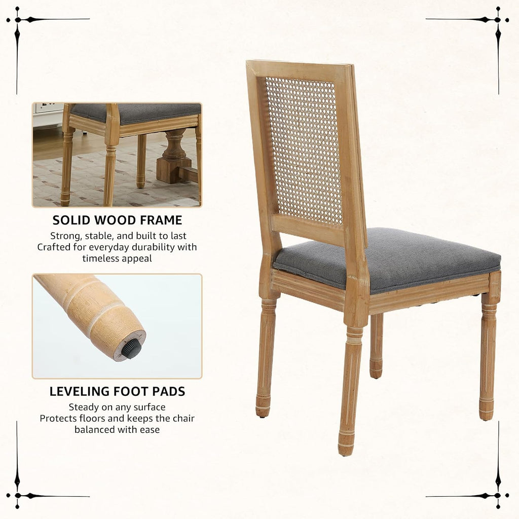 Vintage French Rattan Dining Chairs Set of 6, Square Back Side Chairs with Rattan Backrest, Upholstered Linen Seat and Solid Wood Frame, Sillas de Comedor for Dining Room & Kitchen, Dark Gray