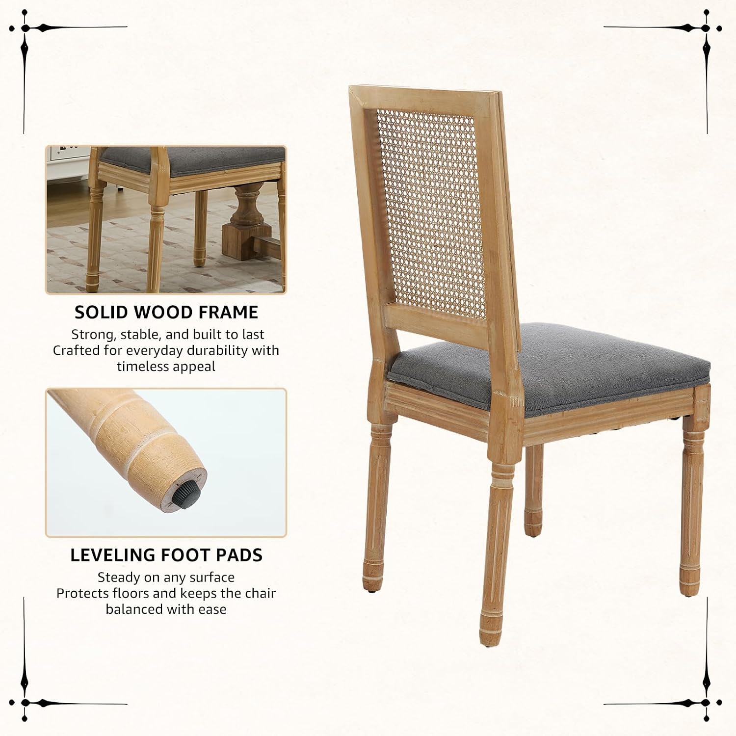 Vintage French Rattan Dining Chairs Set of 6, Square Back Side Chairs with Rattan Backrest, Upholstered Linen Seat and Solid Wood Frame, Sillas de Comedor for Dining Room & Kitchen, Dark Gray