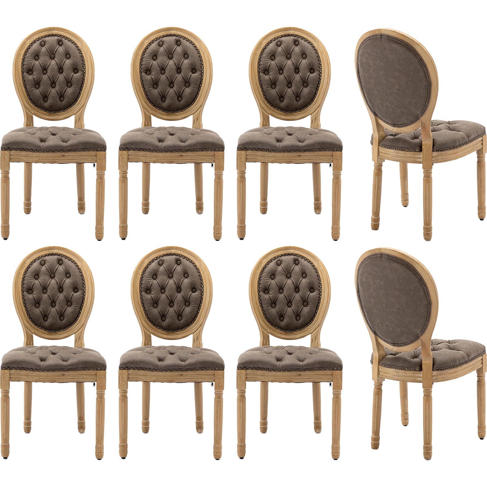 Vintage French Rattan Dining Chairs Set of 4, Solid Wood Frame with Round Rattan Back and Linen Upholstered Seat, Farmhouse Accent Sillas de Comedor Side Chairs for Dining Room & Kitchen, Beige
