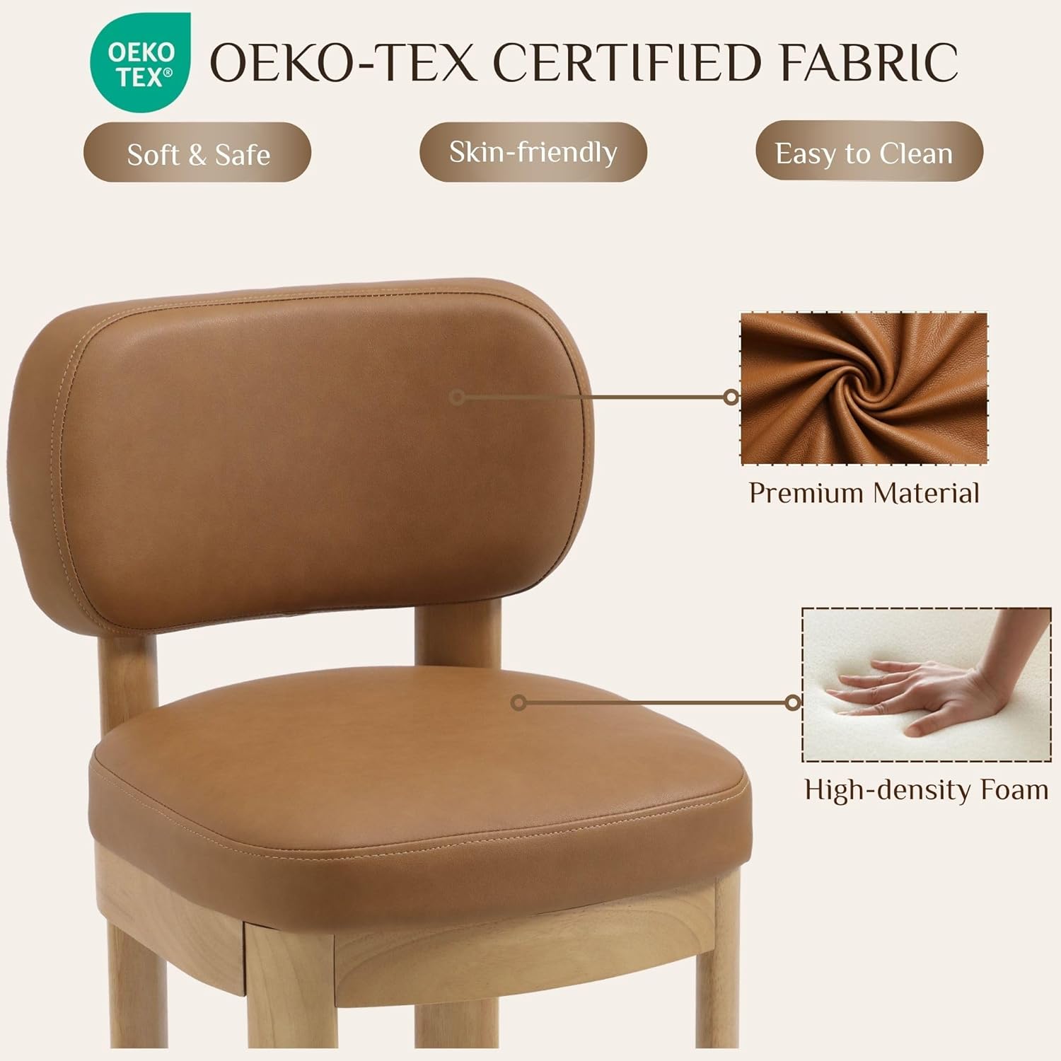 HNY Brown Leather Bar Stools Set of 2, Modern Upholstered Counter Height Bar Stools, Farmhouse Armless Bar Chairs with Solid Wood Legs & Padded Back for Kitchen Island/Dining Room Bar - 26 Inches