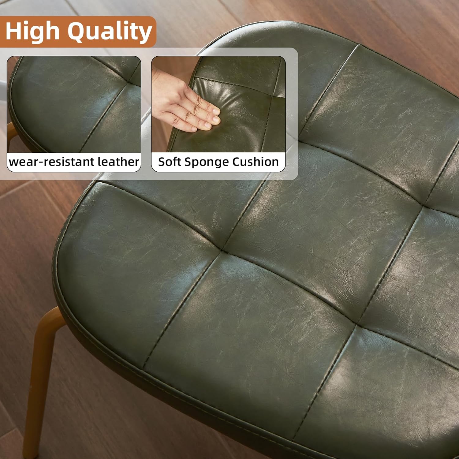 Mid Century Modern Dining Chairs Set of 2, Retro Chair with Faux Leather Upholstered Seat & Solid Wood Backrests & Vintage Distressing Metal Legs & Leg Protectors for Kitchen Dining Room (Dark Green)
