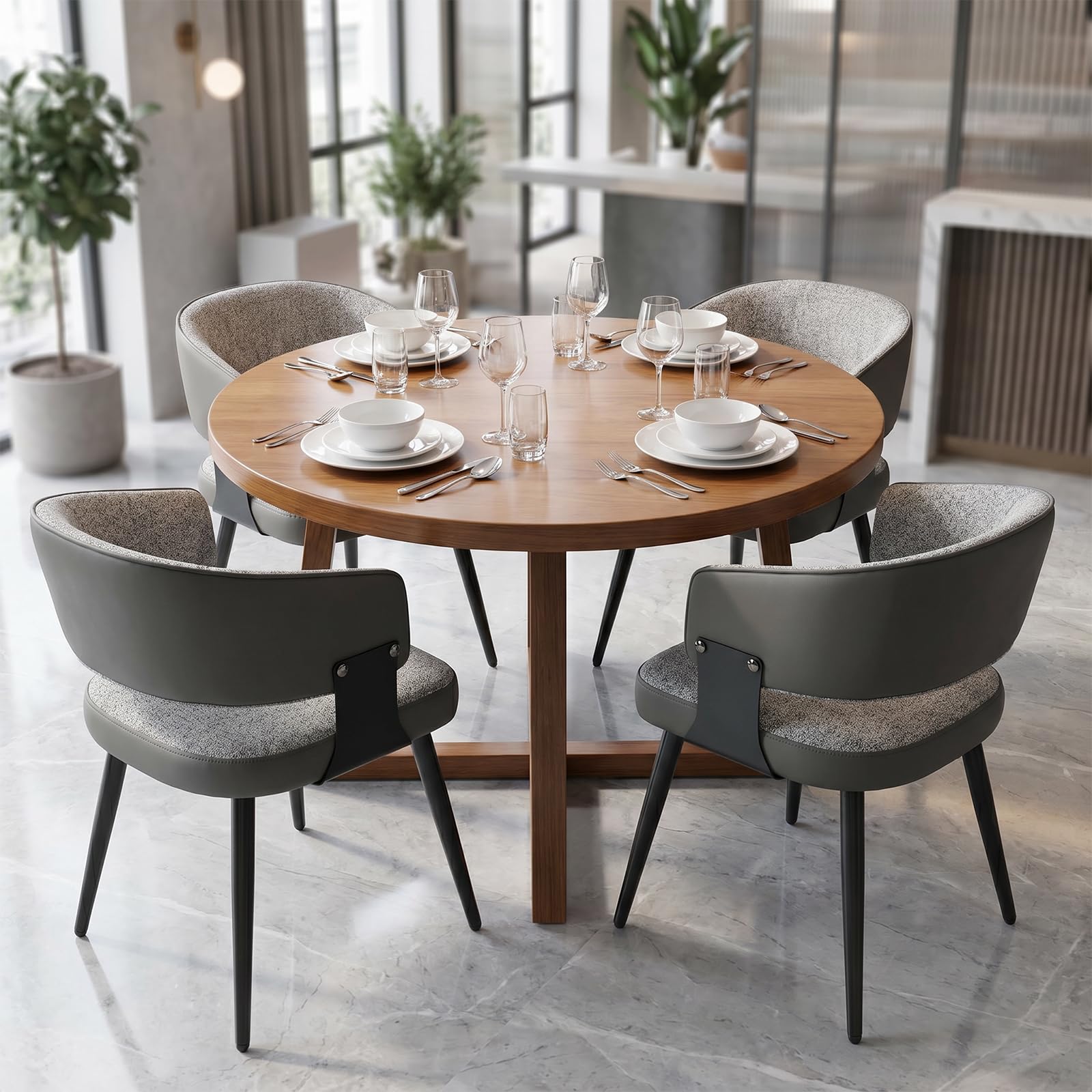 Dining Chairs Set of 4, Modern Upholstered PU Leather Kitchen & Dining Room Chairs with Curved Open Back Metal Legs, Kitchen Chairs for Dining Room Restaurant (Vintage Brown, Set of 4)