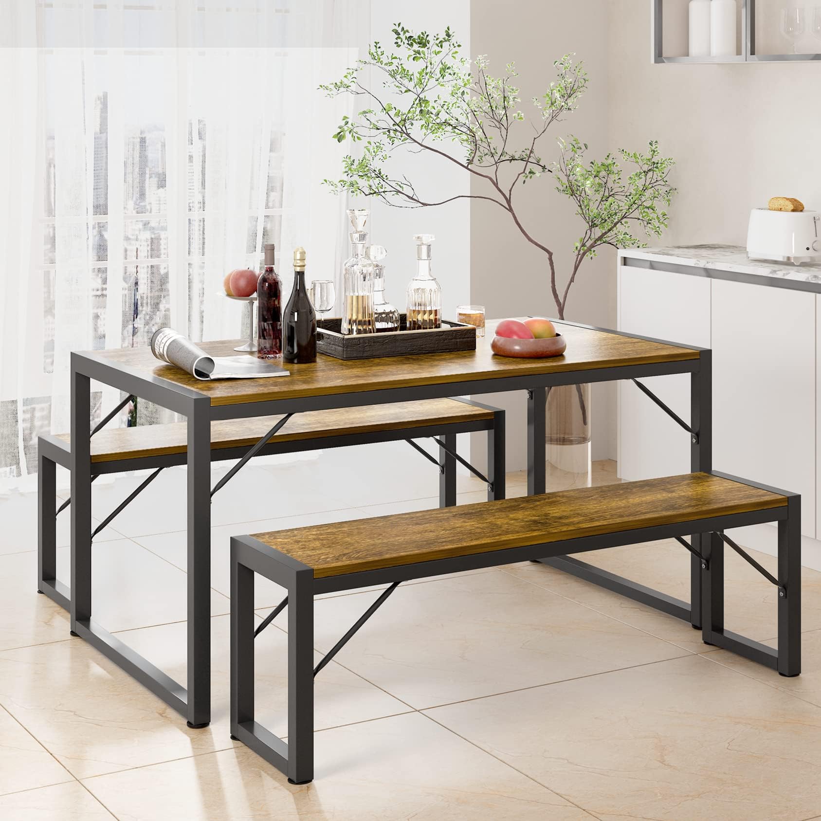 Gizoon 45.5" Dining Table Set for 4 with 2 Benches, Kitchen Table Set with Metal Frame & MDF Board, Space-Saving Dinette for Kitchen, Dining Room -Grey