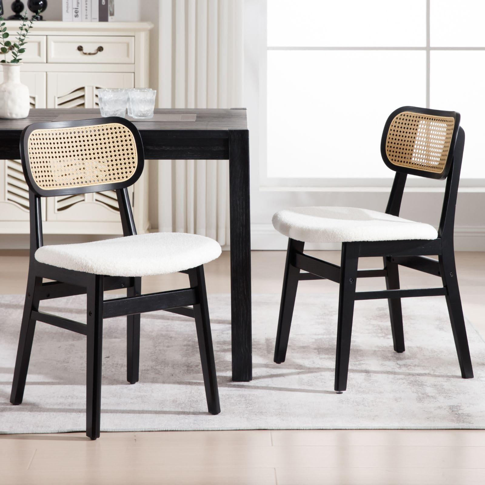 ROCITY Rattan Dining Chairs Set of 2 White Faux Leather Dining Room Chairs Natural Wooden Kitchen Chairs Farmhouse Side Chairs