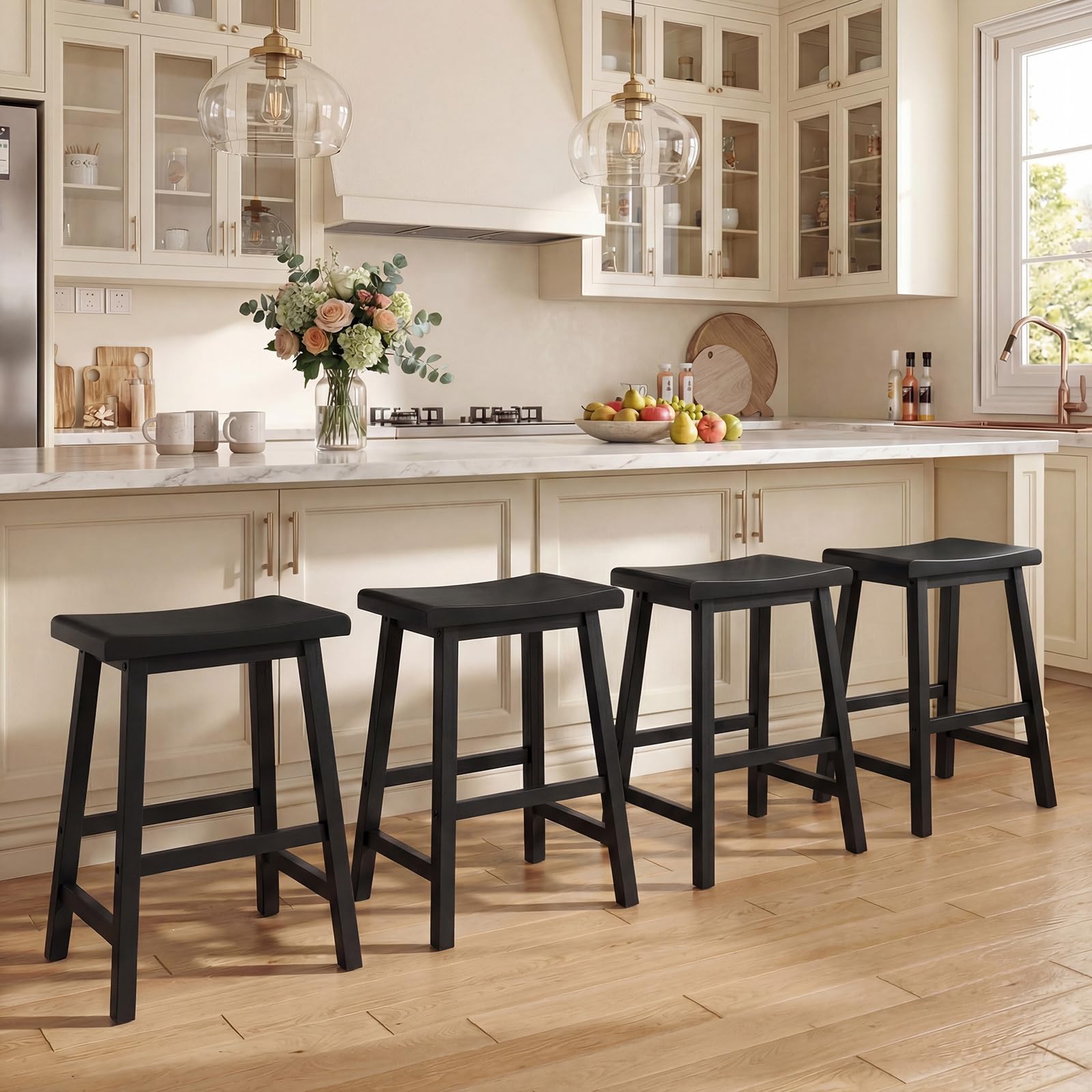 4PC Solid Wood Backless Bar Stools, 24in Counter Stools with Footrest, Brown