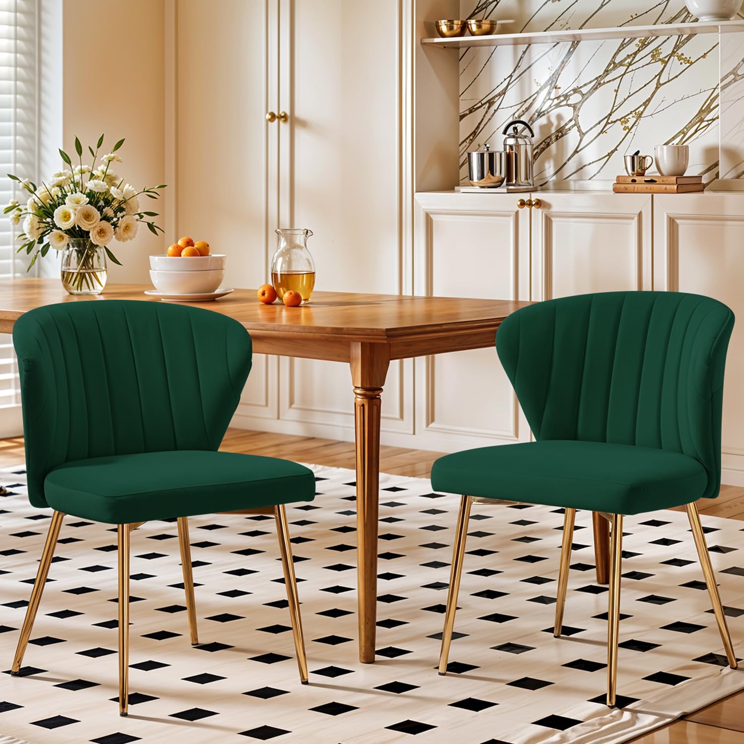 Velvet Dining Chairs Set of 2, Modern Upholstered Vanity Chairs with Golden Metal Legs for Dining Room Kitchen Vanity Patio (Black)
