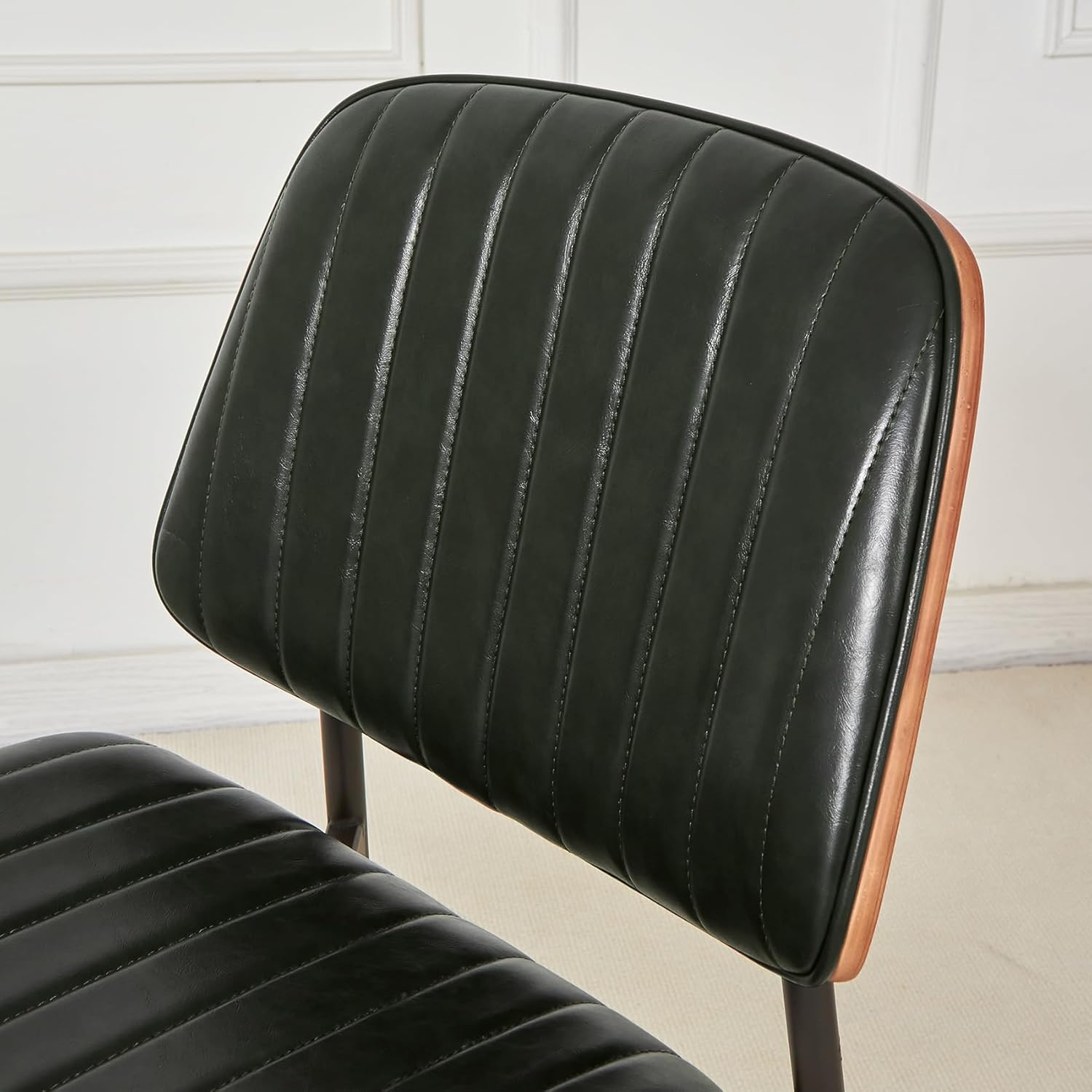 Mid Century Modern Dining Chairs Set of 2, Retro Chair with Faux Leather Upholstered Seat/Back & Metal Legs & Leg Protectors for Kitchen (Dark Green)