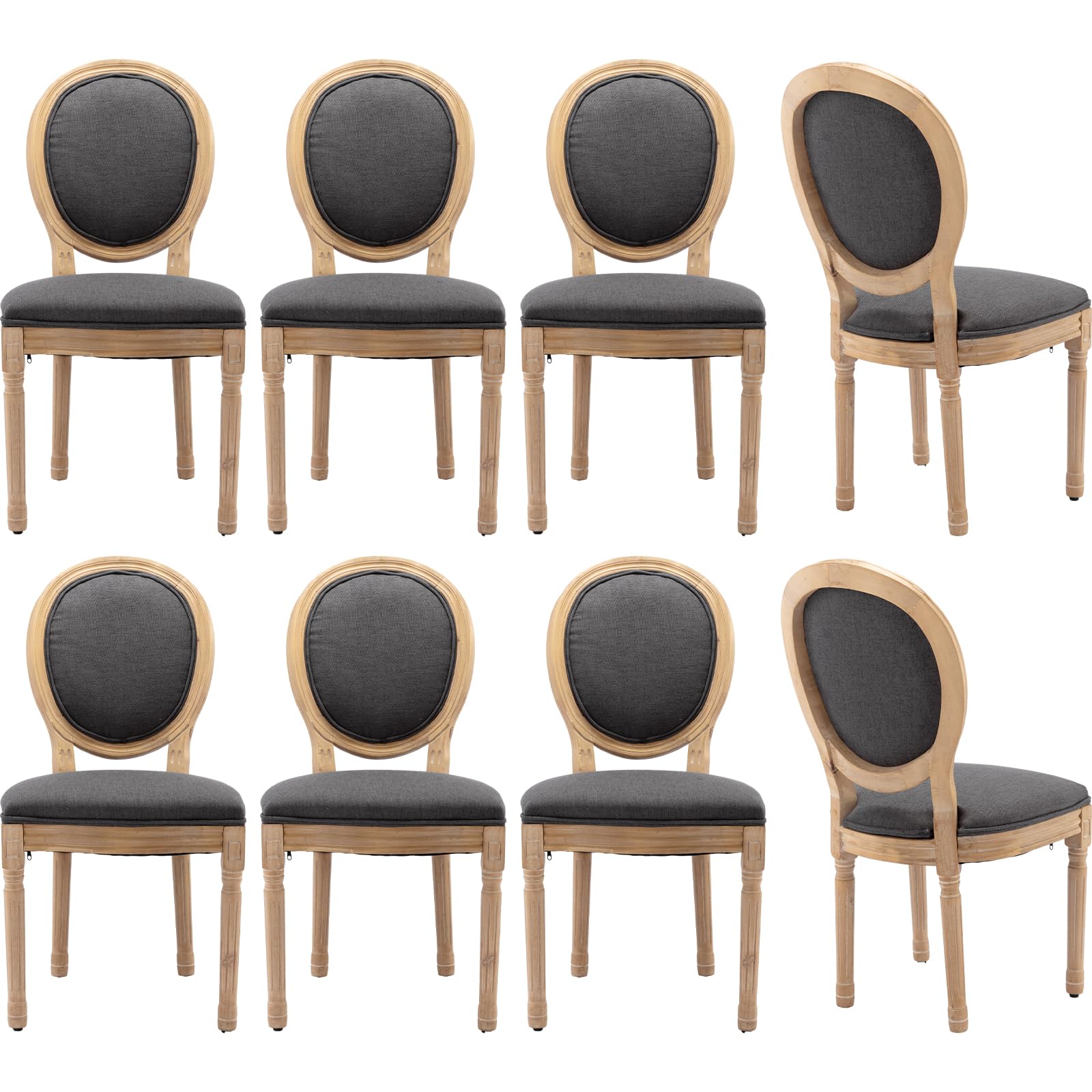 Vintage French Rattan Dining Chairs Set of 4, Solid Wood Frame with Round Rattan Back and Linen Upholstered Seat, Farmhouse Accent Sillas de Comedor Side Chairs for Dining Room & Kitchen, Beige