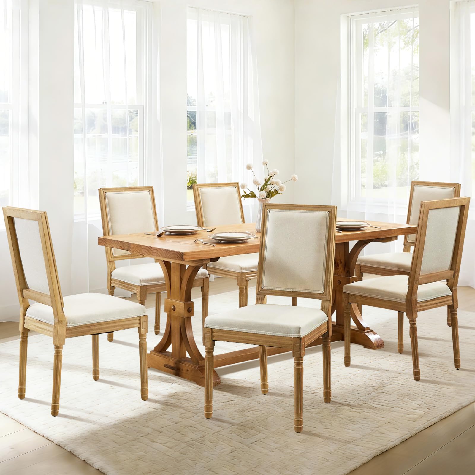 Rattan Back Upholstered Dining Chairs Set of 4 French Country Oval Kitchen Side Chairs with Wood Legs for Dining Room, Kitchen, Restaurant(Beige-Rattan)