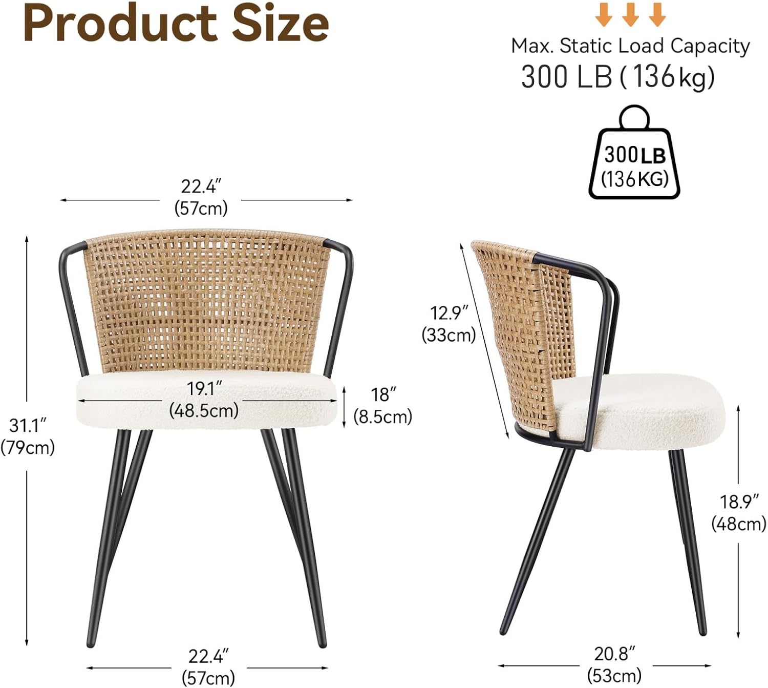 BedsPick Rattan Dining Chairs Set of 4 - Farmhouse Upholstered PE Rattan Kitchen Chair with Boucle Cushion, Wingback Dining Room Seat with Open-weave Cane Back and Metal Legs for Home, Kitchen (Brown)