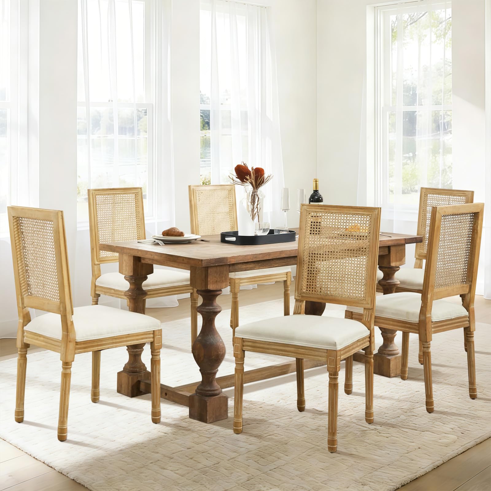 Rattan Back Upholstered Dining Chairs Set of 4 French Country Oval Kitchen Side Chairs with Wood Legs for Dining Room, Kitchen, Restaurant(Beige-Rattan)