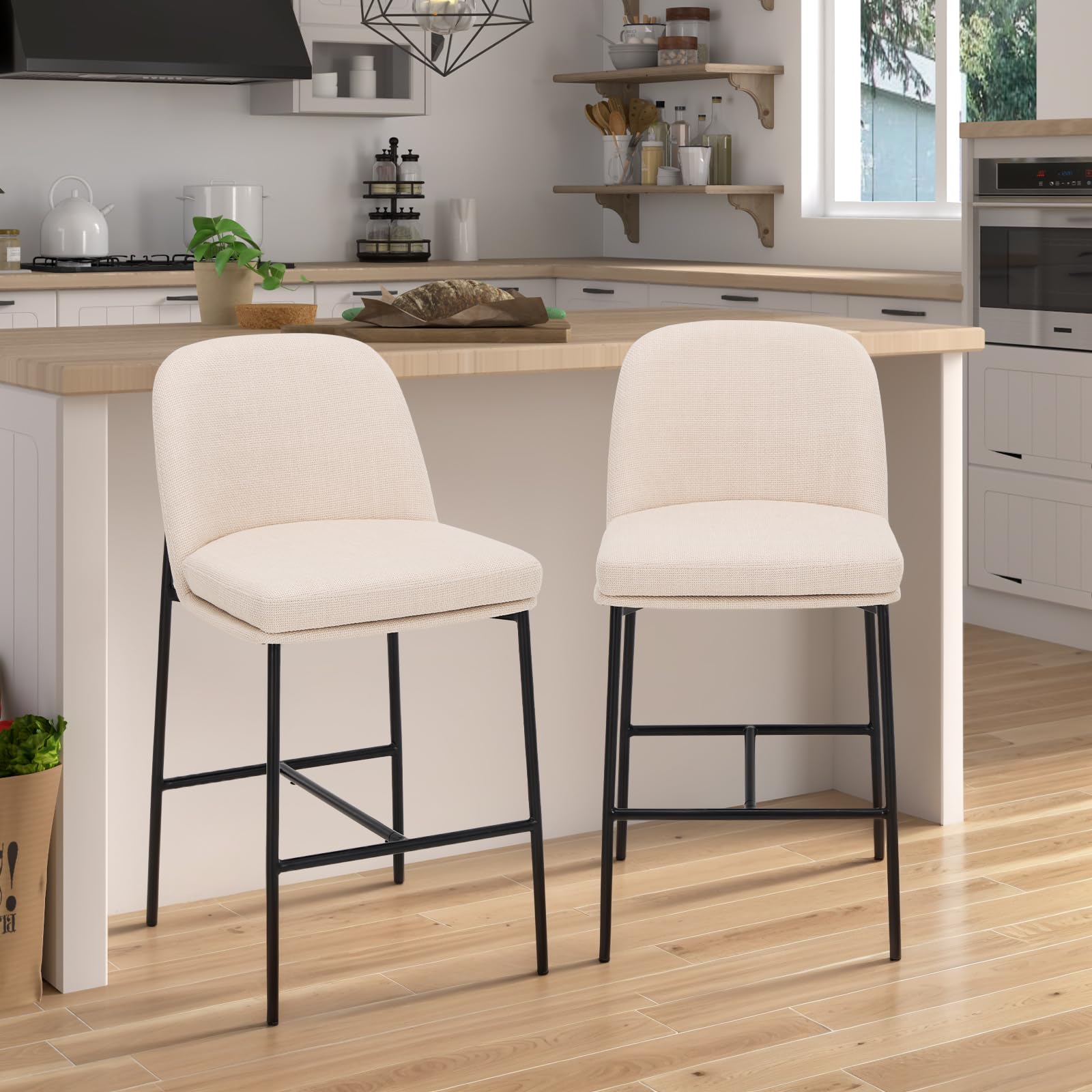COLAMY Upholstered Counter Bar Stools, Kitchen Island Stools with Back, Modern Counter Height Stools with Wood Legs for Kitchen Island Dining Room Bar, Camel