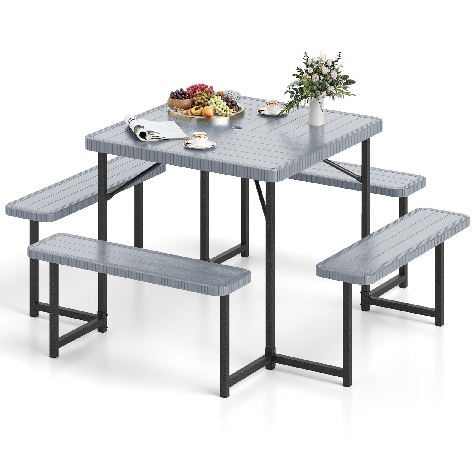 Tangkula 8 Person Picnic Table, HDPE Outdoor Square Table and Bench Set with 4 Built-in Benches, Umbrella Hole, Metal Frame for Garden Yard Patio Lawn