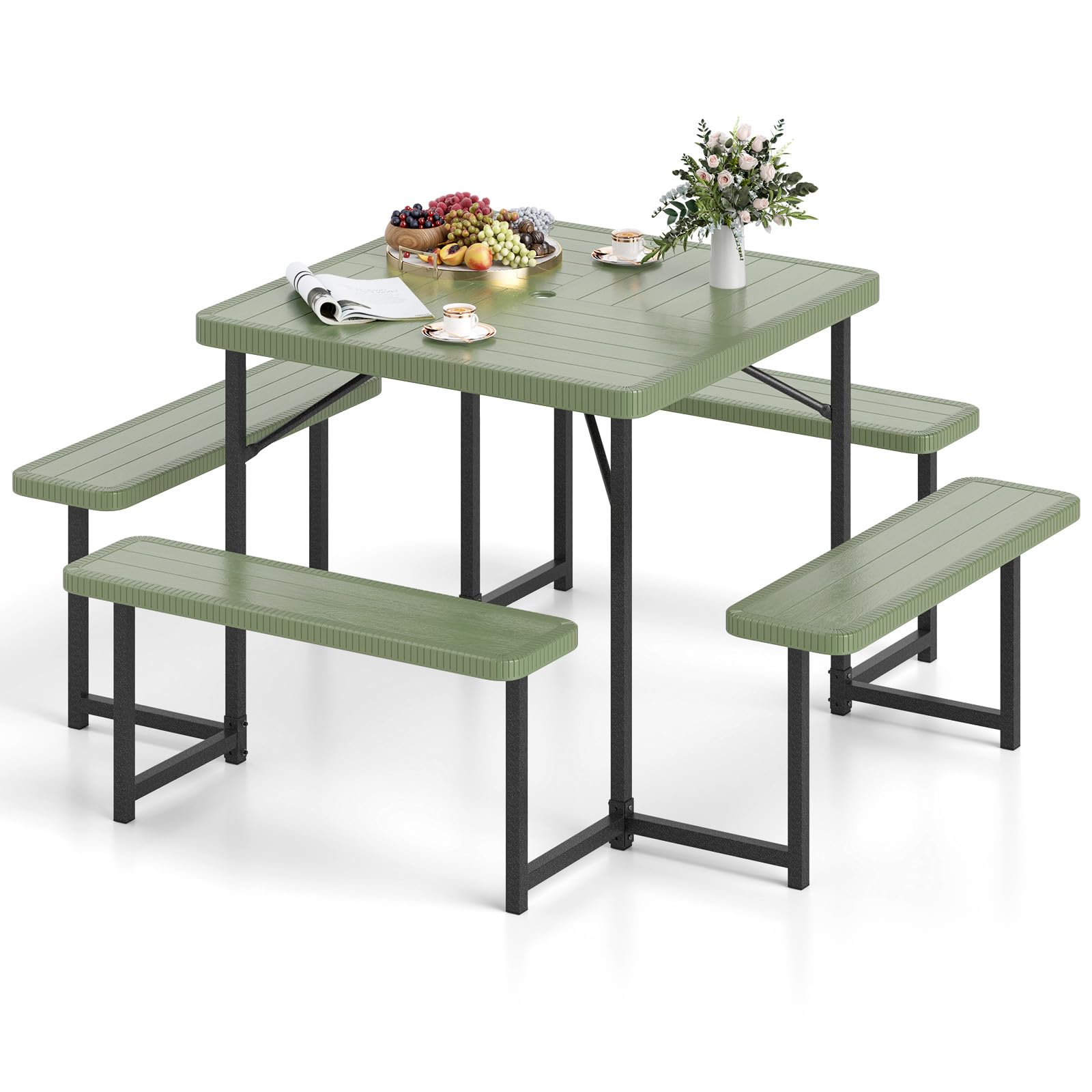 Tangkula 8 Person Picnic Table, HDPE Outdoor Square Table and Bench Set with 4 Built-in Benches, Umbrella Hole, Metal Frame for Garden Yard Patio Lawn
