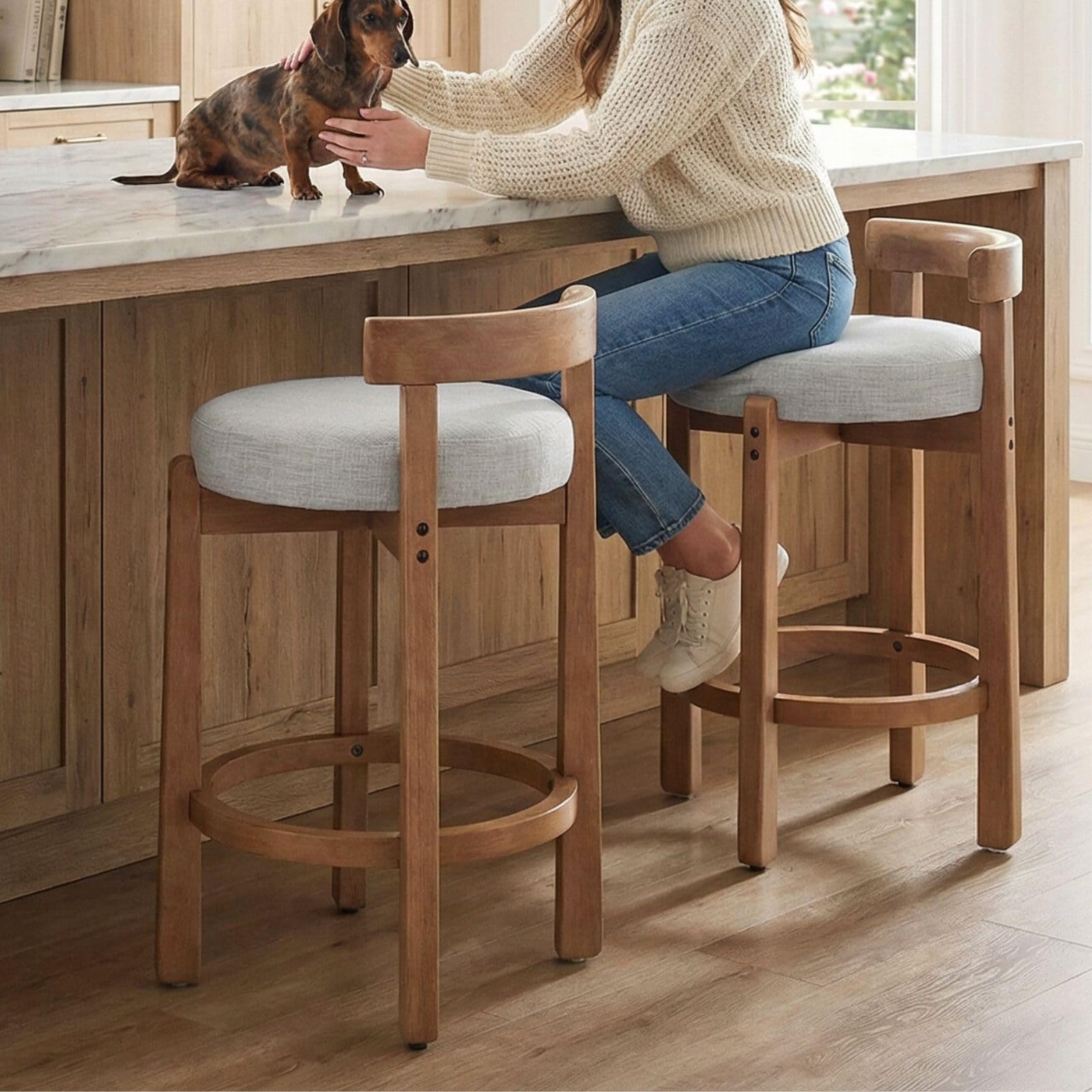 LukeAlon Mid Century Linen Counter Stools Set of 4, Upholstered 26.5” Seat Height Low Barstools with Natural Wood Legs Round Low Back Kitchen Stools with Footrest for Dining Room, Beige