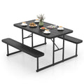 Tangkula 8 Person Picnic Table, HDPE Outdoor Square Table and Bench Set with 4 Built-in Benches, Umbrella Hole, Metal Frame for Garden Yard Patio Lawn