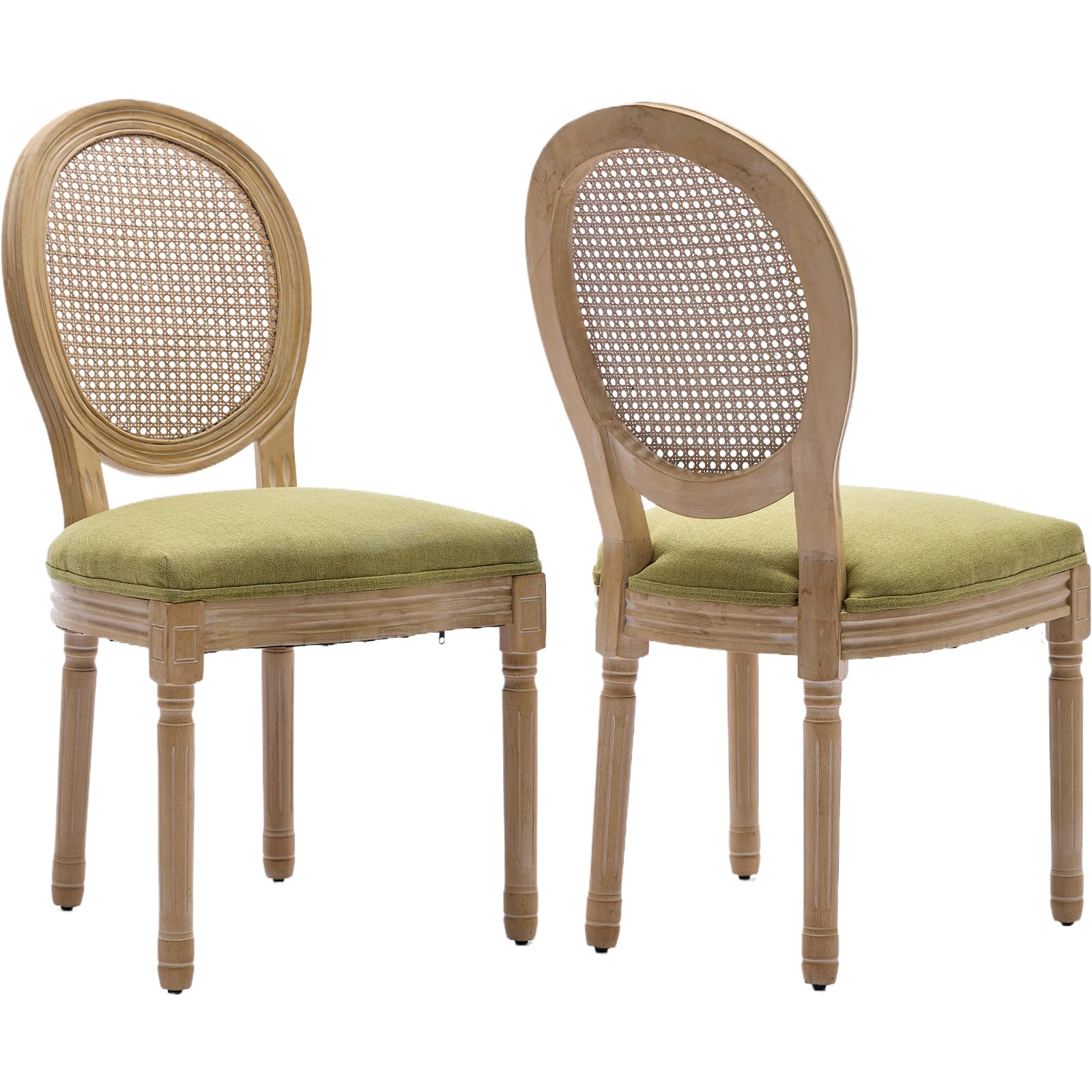 Vintage French Rattan Dining Chairs Set of 4, Solid Wood Frame with Round Rattan Back and Linen Upholstered Seat, Farmhouse Accent Sillas de Comedor Side Chairs for Dining Room & Kitchen, Beige
