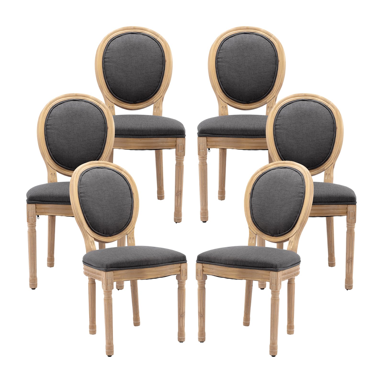 Vintage French Rattan Dining Chairs Set of 4, Solid Wood Frame with Round Rattan Back and Linen Upholstered Seat, Farmhouse Accent Sillas de Comedor Side Chairs for Dining Room & Kitchen, Beige