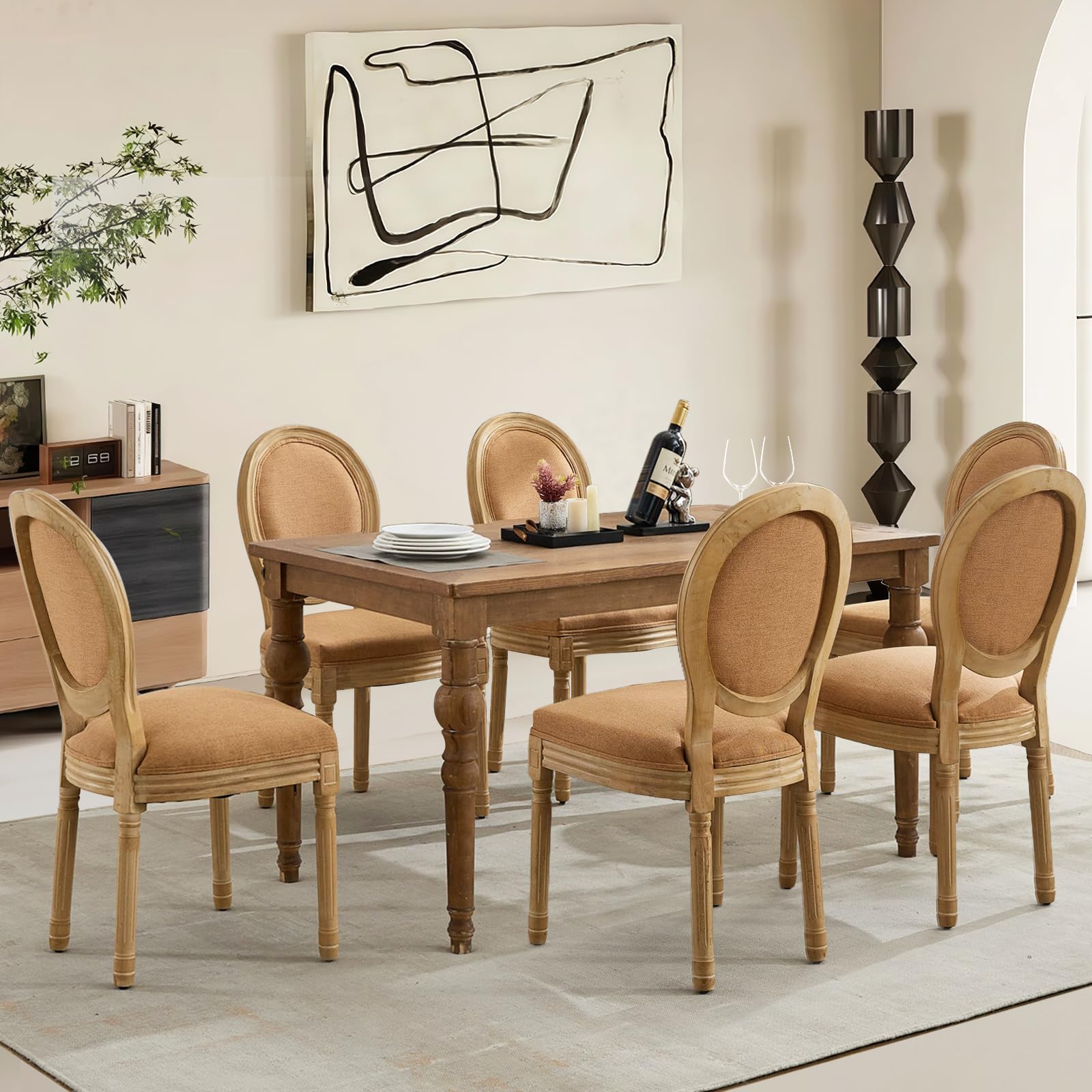 Rattan Back Upholstered Dining Chairs Set of 4 French Country Oval Kitchen Side Chairs with Wood Legs for Dining Room, Kitchen, Restaurant(Beige-Rattan)