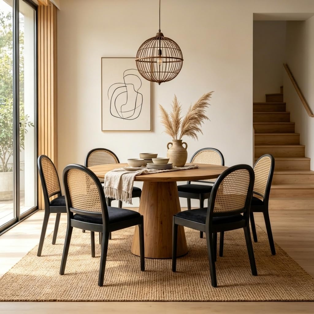 Ya-Home Mid Century Dining Chairs Set of 2, Accent Rattan Sherpa Fabric Side Chairs Kitchen Chair with Solid Wooden Legs for Living Room Dining Room, Black