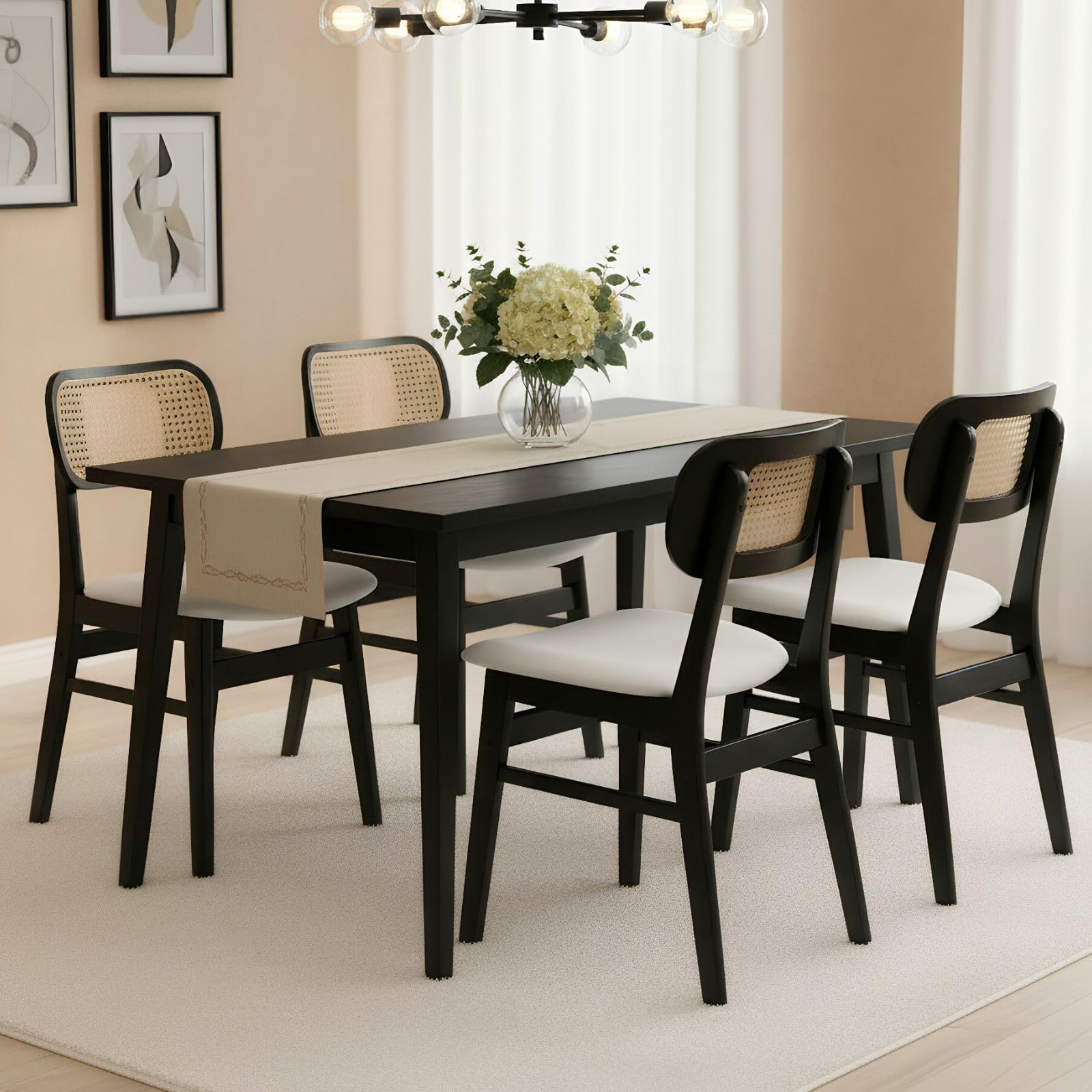 ROCITY Rattan Dining Chairs Set of 2 White Faux Leather Dining Room Chairs Natural Wooden Kitchen Chairs Farmhouse Side Chairs