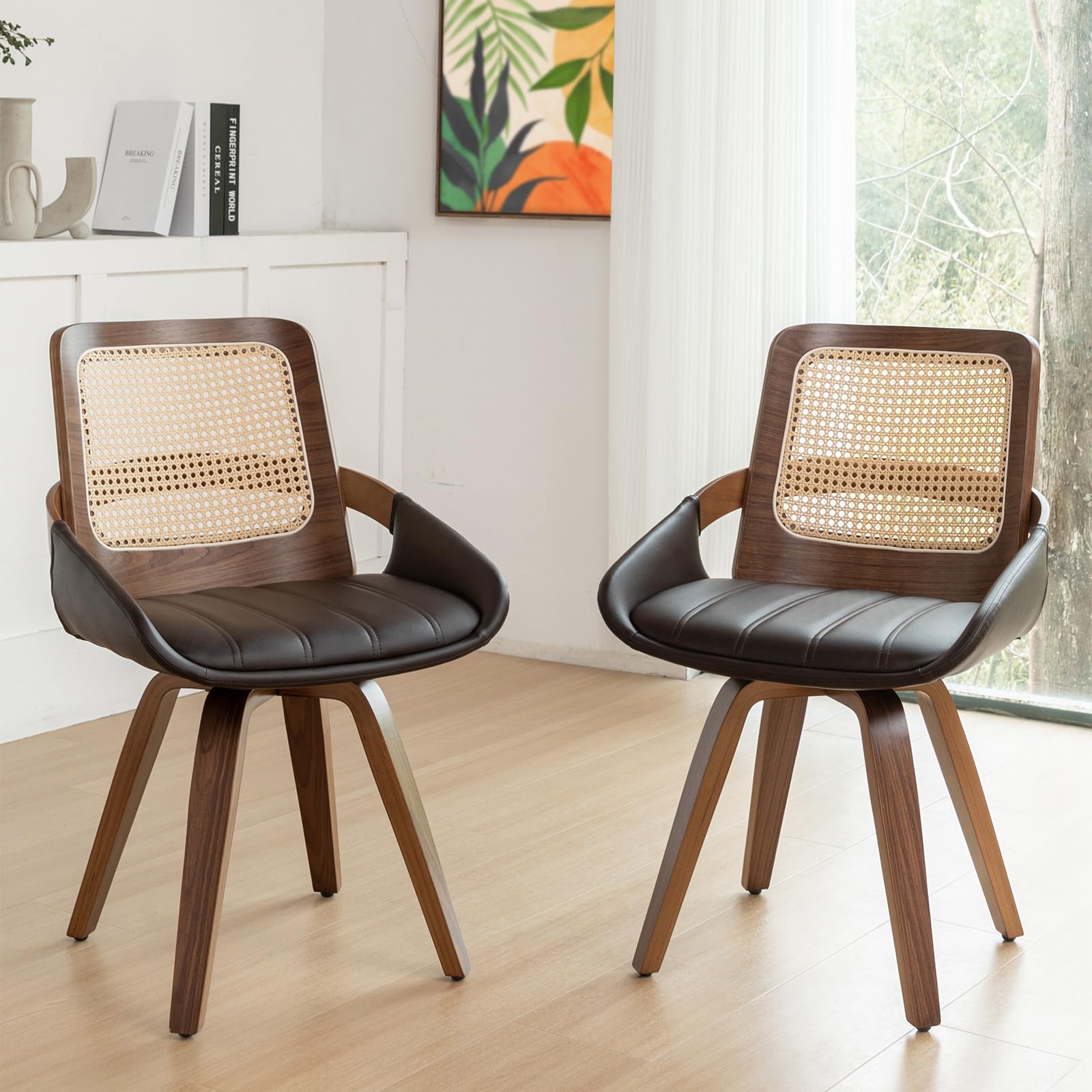 Set of 2 Green Rattan Dining Chairs - Mid Century Modern Dining Chairs with Walnut Bentwood Frame, Ergonomic Rattan Back, Curved Arms, Versatile for Living Room/Conference/Kitchen (Walnut Green)