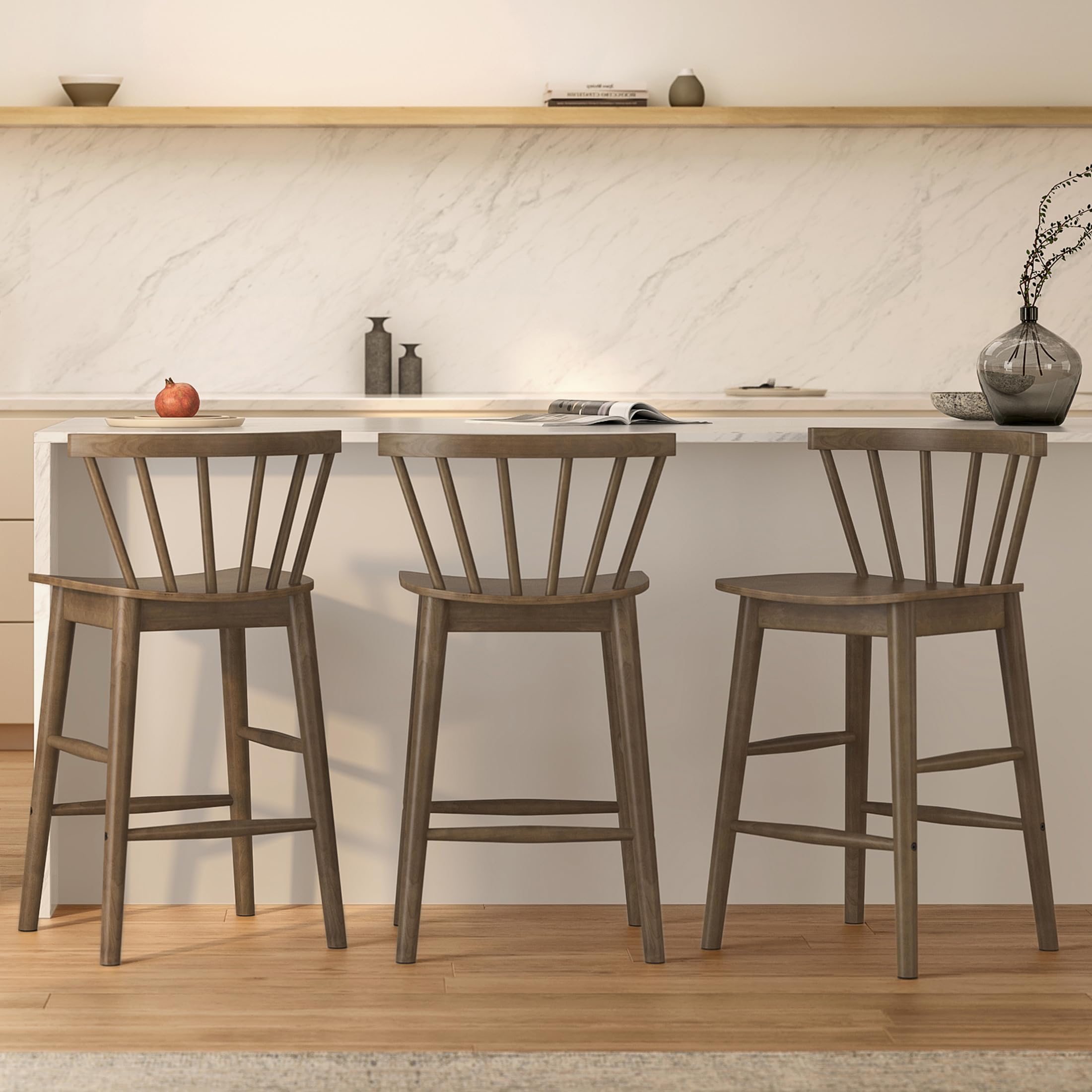 Modern Bar Stools Set of 2, 24" Wooden Counter Height Barstools, Modern Armless Farmhouse Bar Dining Chairs with Back & Footrest for Kitchen Island Pub, Natural Oak